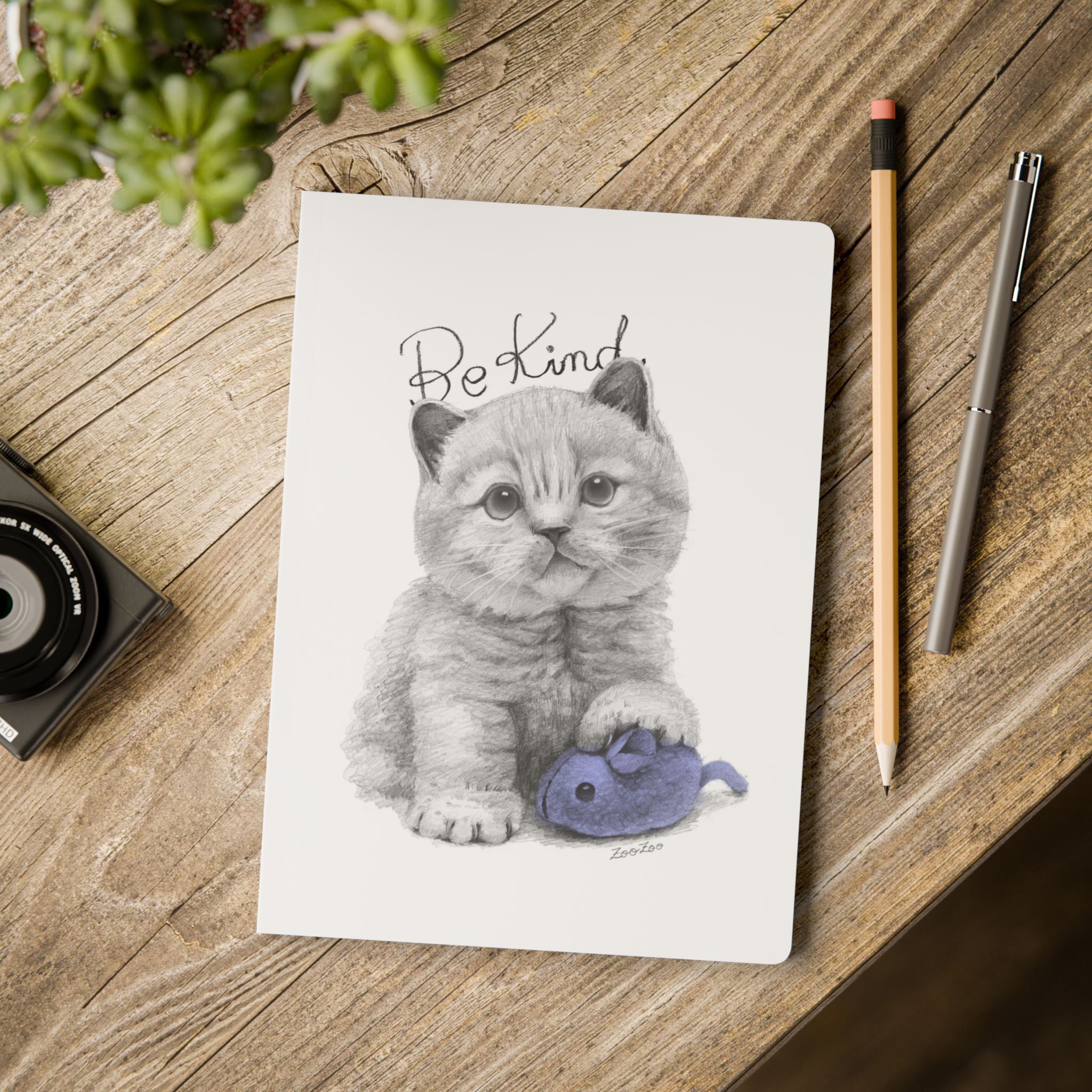 Softcover Journal – Cat with Mice Toy | Be Kind | Calligraphy