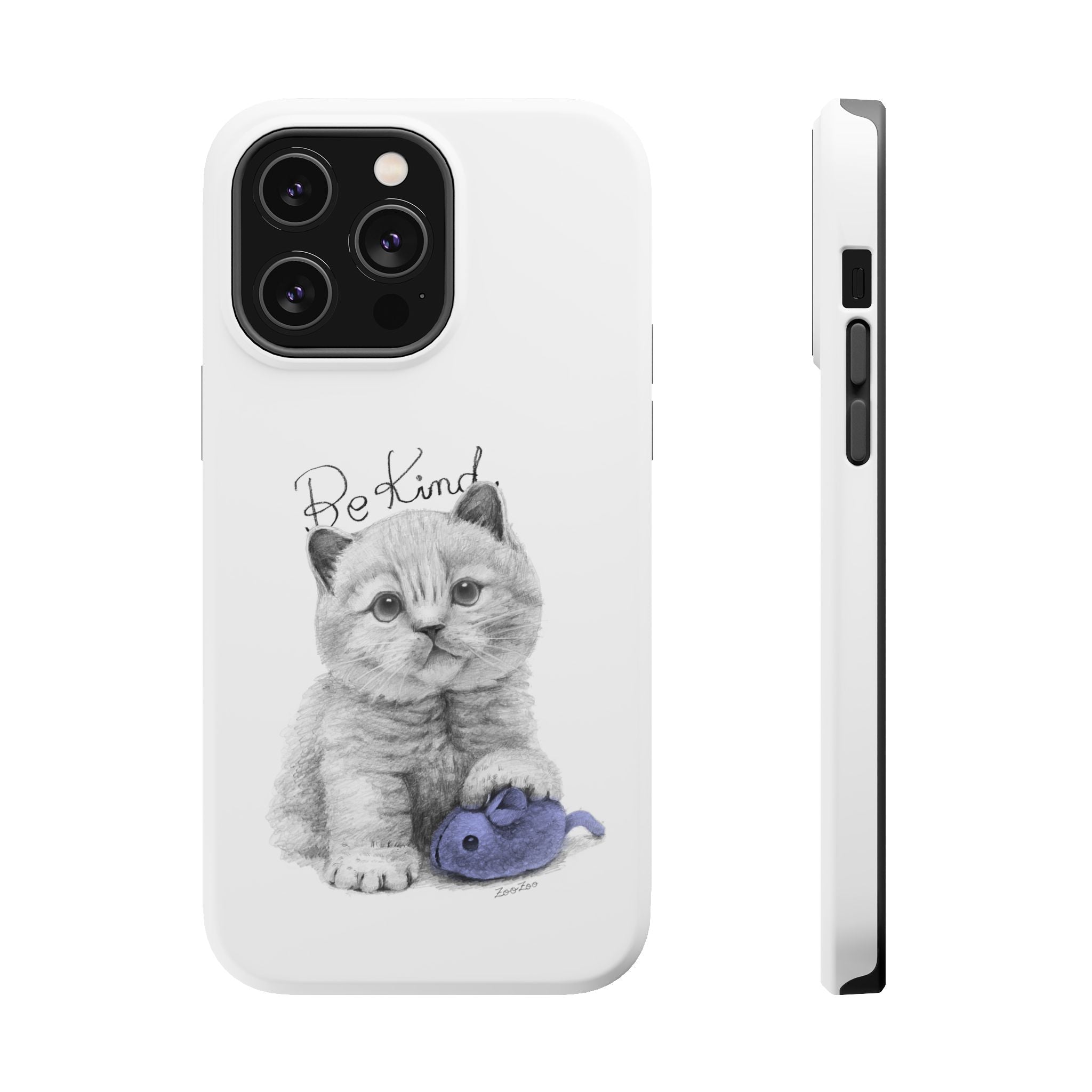 MagSafe Tough iPhone Case – Cat with Mice Toy | Be Kind | Calligraphy