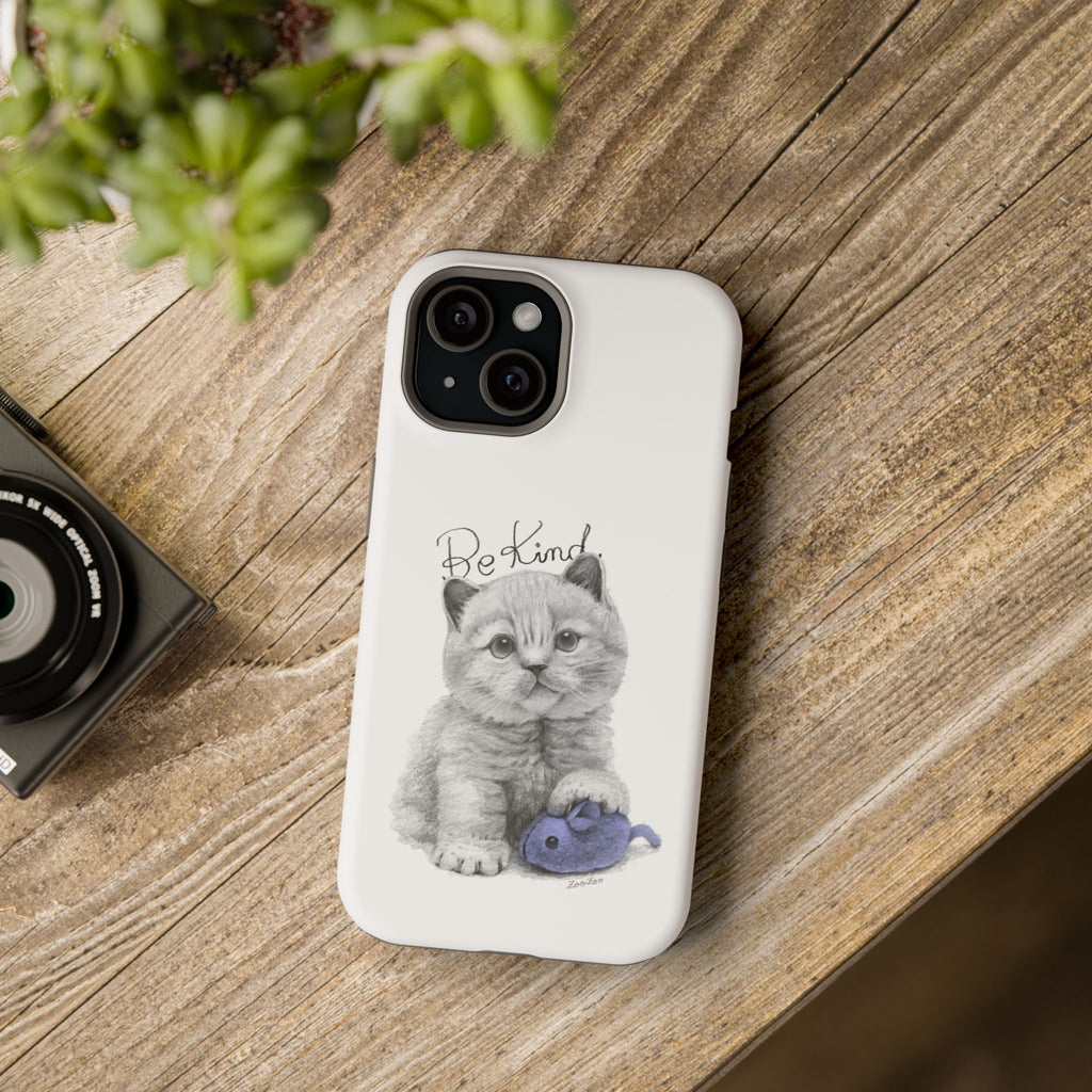 MagSafe Tough iPhone Case – Cat with Mice Toy | Be Kind | Calligraphy