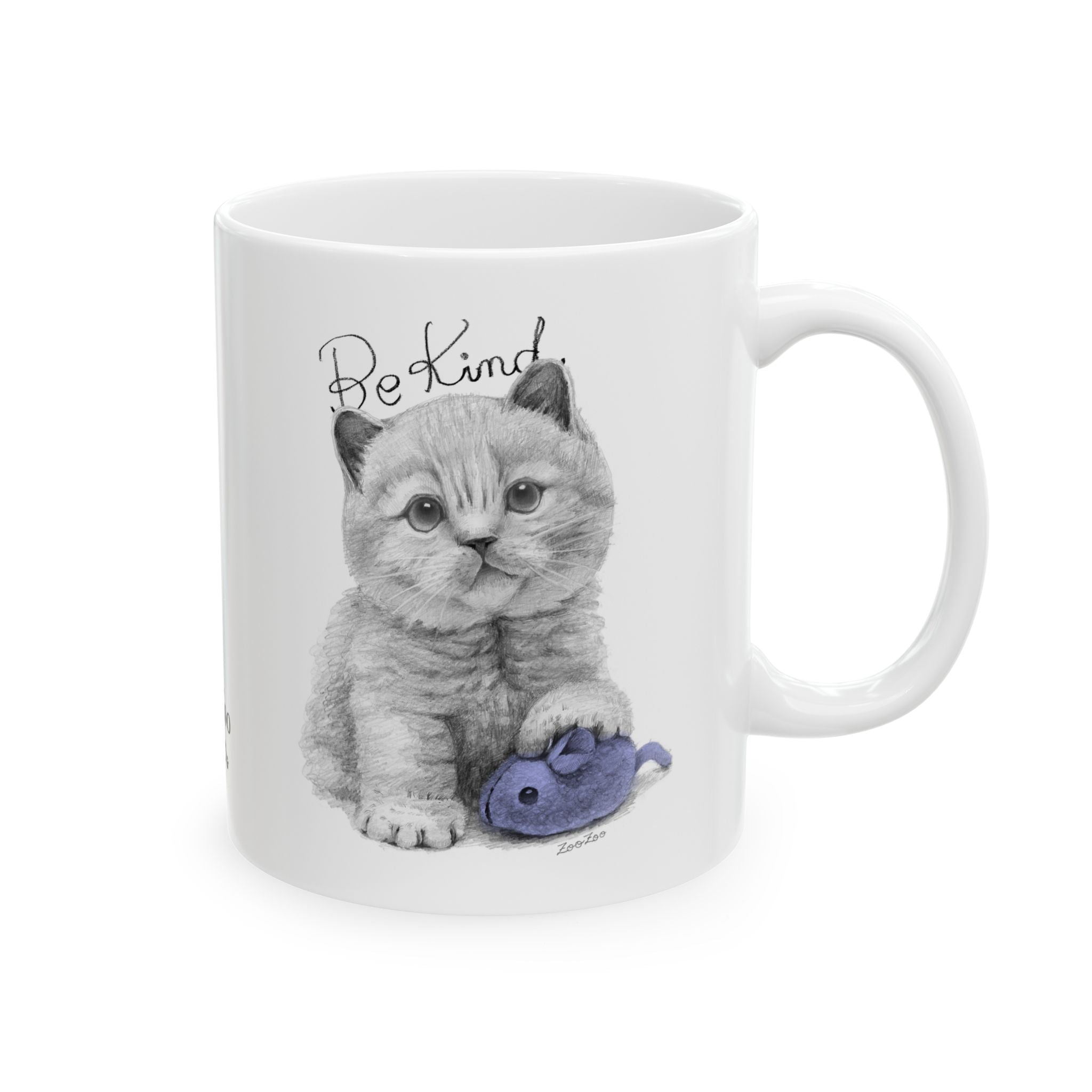 Ceramic Mug 11 oz – Cat with Mice Toy | Be Kind | Calligraphy