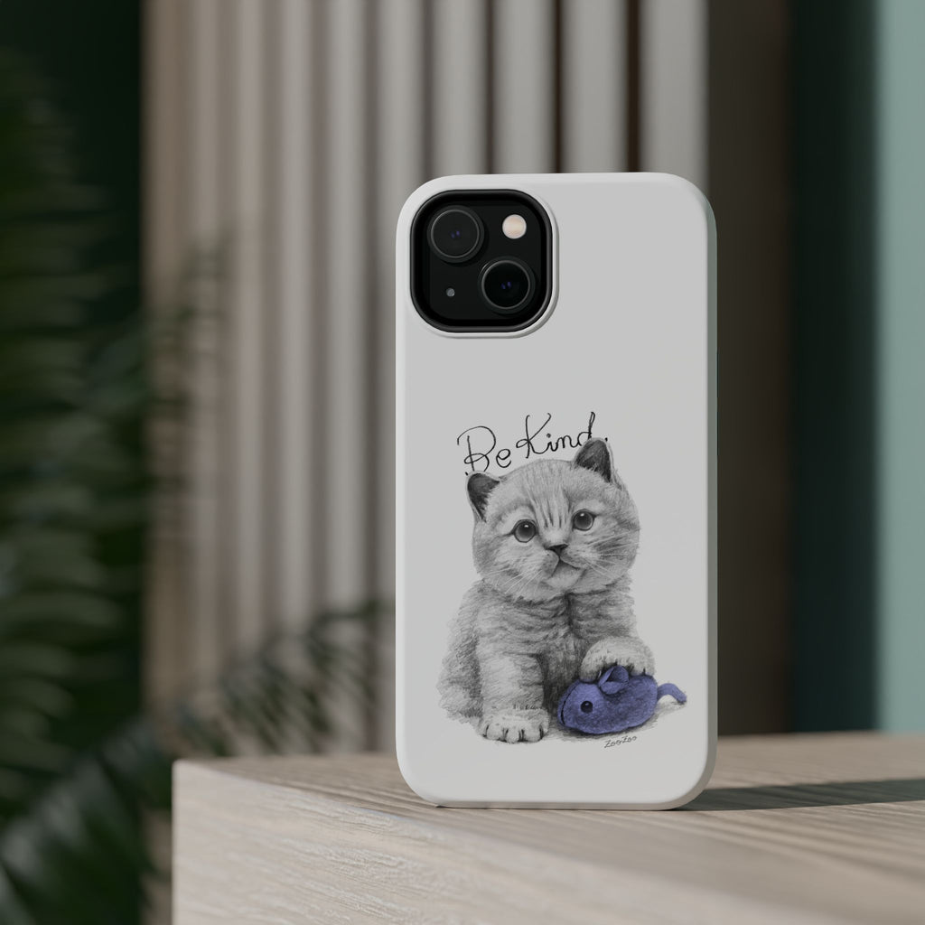MagSafe Tough iPhone Case – Cat with Mice Toy | Be Kind | Calligraphy