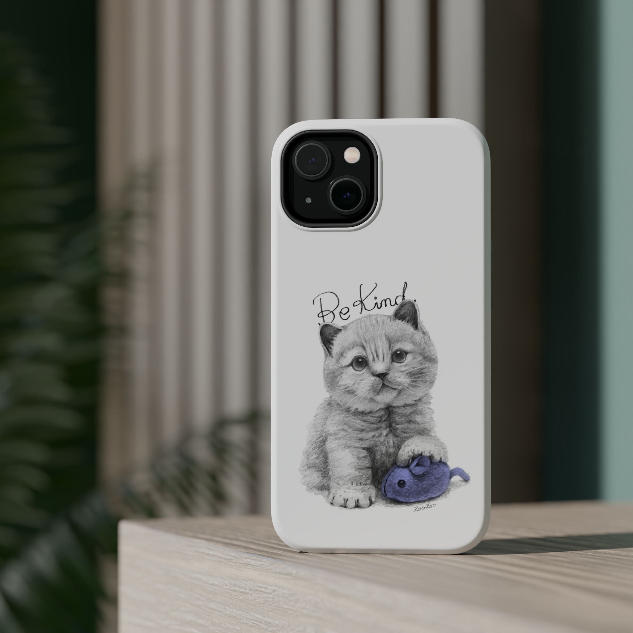 MagSafe Tough iPhone Case – Cat with Mice Toy | Be Kind | Calligraphy