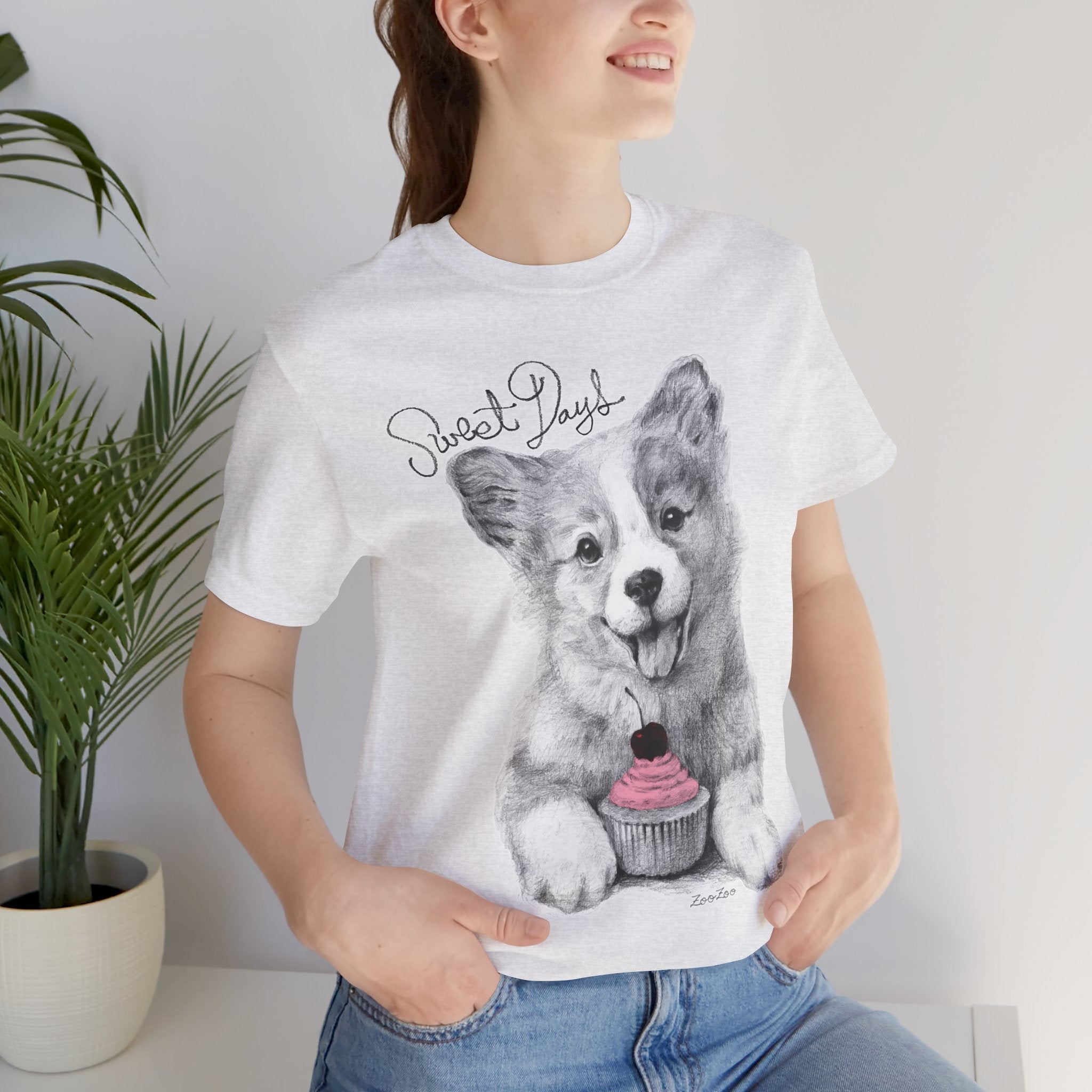 Unisex Cotton Tee – Corgi with Cupcake | Sweet Days | Calligraphy