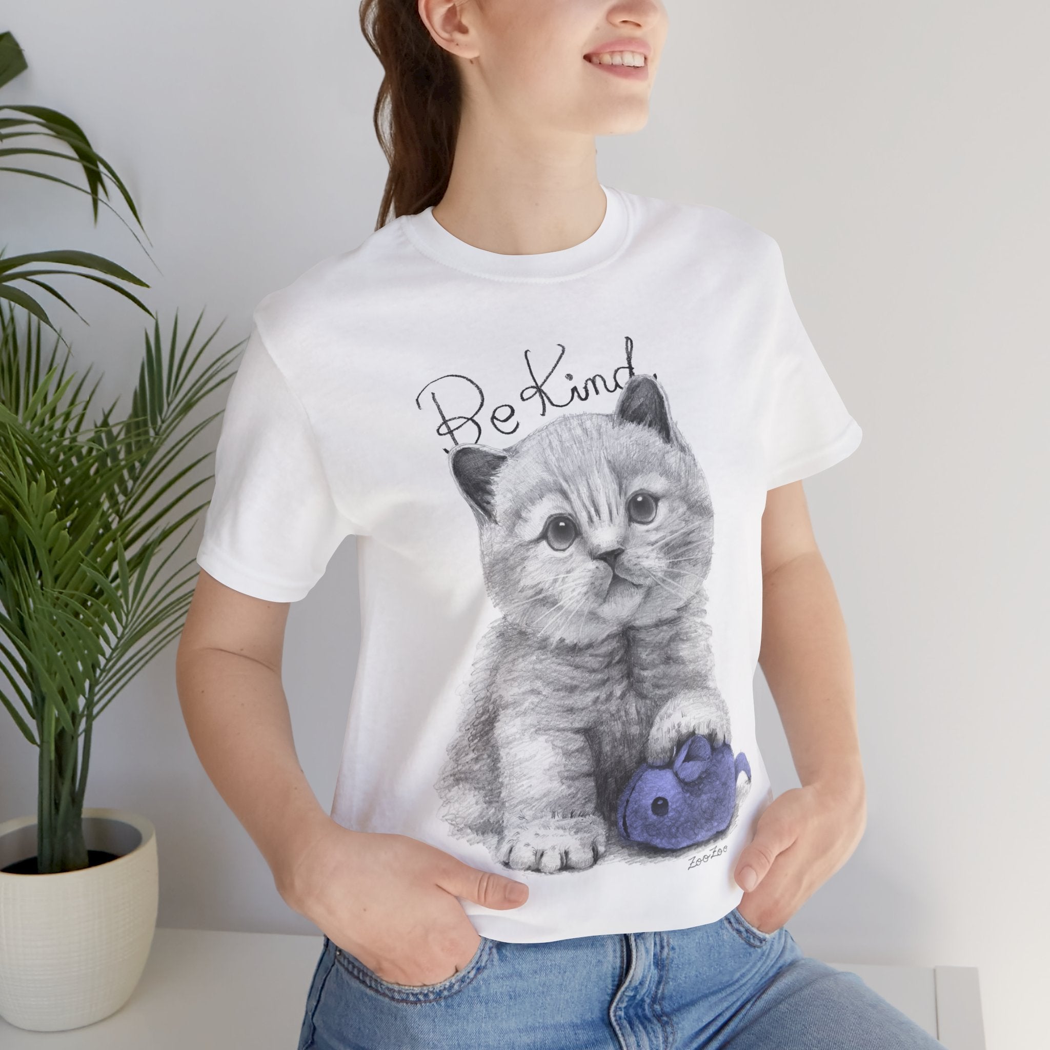 Unisex Cotton Tee – Cat with Mice Toy | Be Kind | Calligraphy