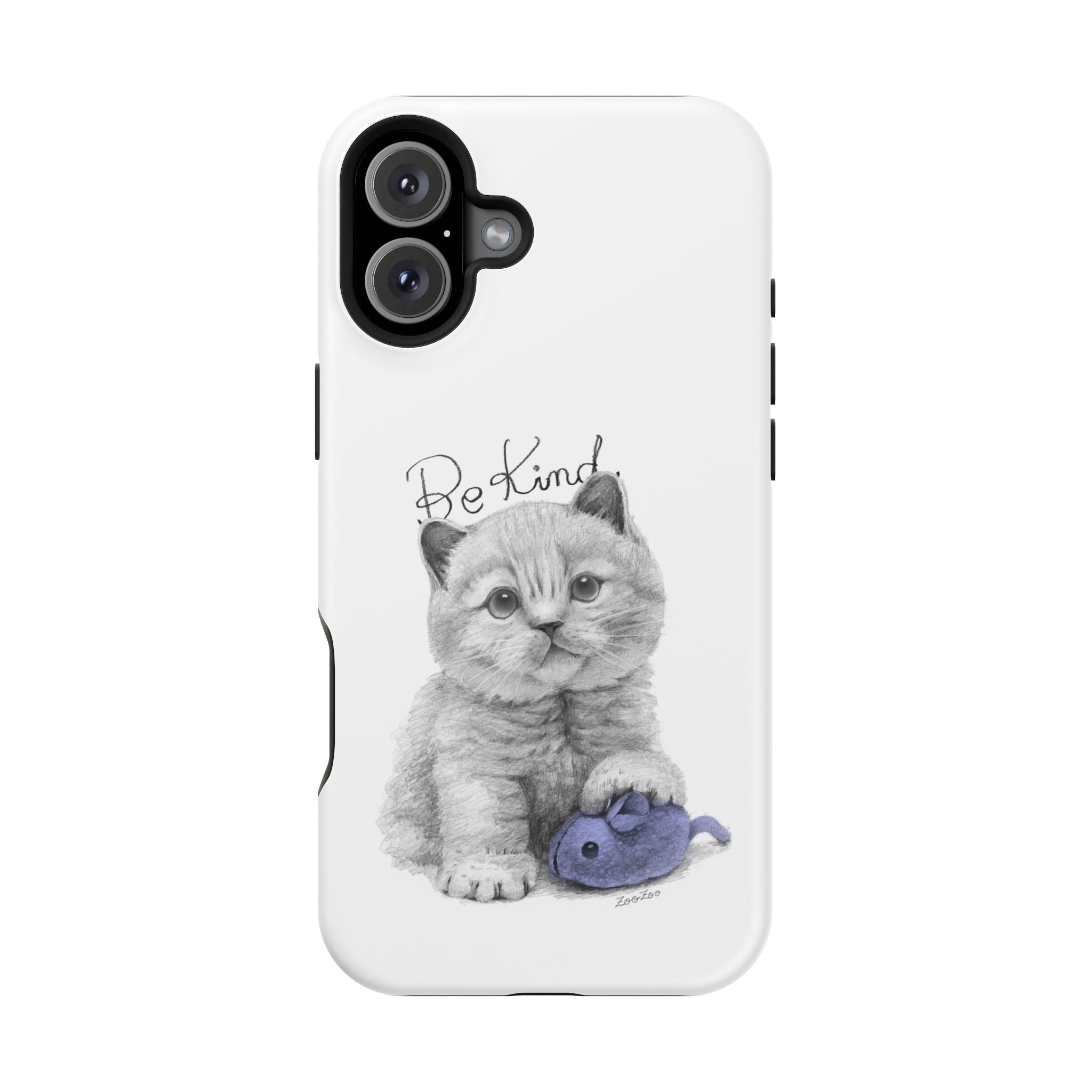 MagSafe Tough iPhone Case – Cat with Mice Toy | Be Kind | Calligraphy
