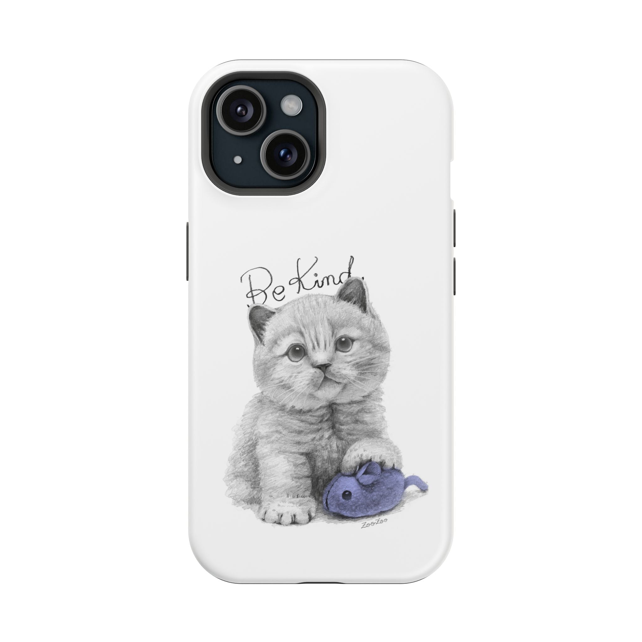 MagSafe Tough iPhone Case – Cat with Mice Toy | Be Kind | Calligraphy