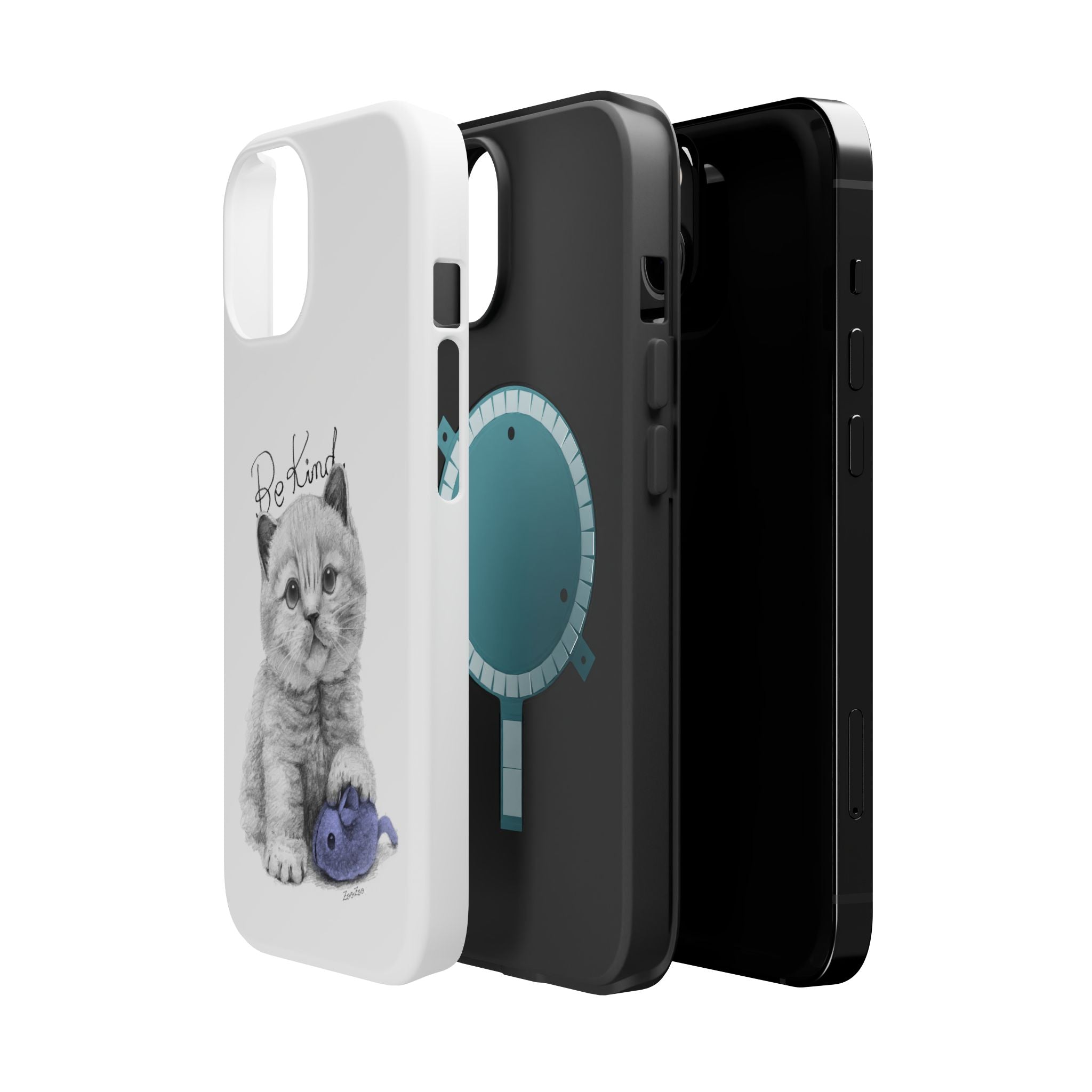 MagSafe Tough iPhone Case – Cat with Mice Toy | Be Kind | Calligraphy