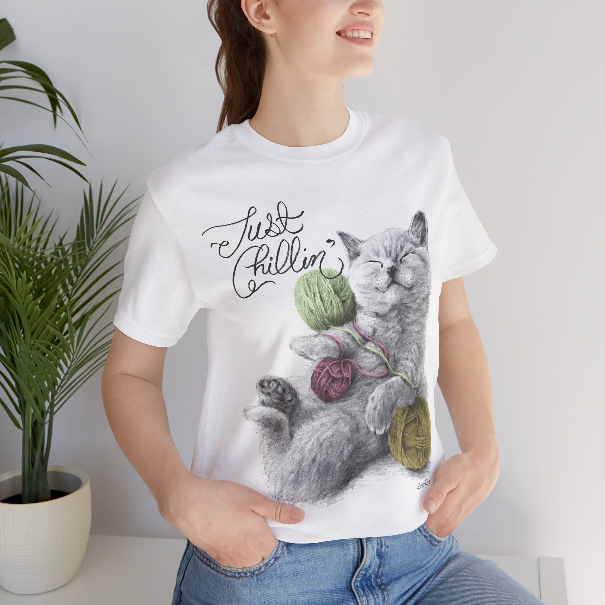 Unisex Cotton Tee – Cat with Yarns | Just Chillin' | Calligraphy