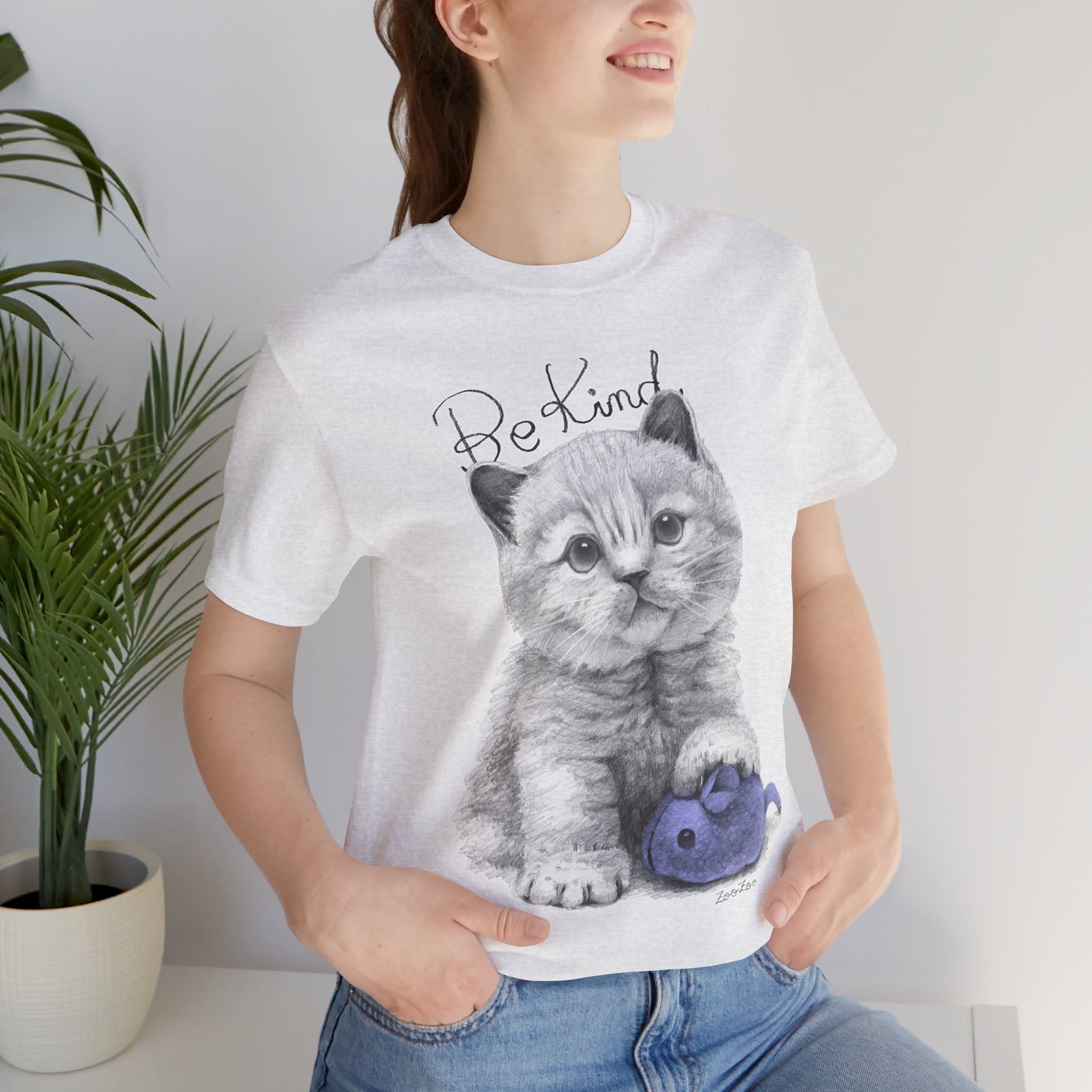Unisex Cotton Tee – Cat with Mice Toy | Be Kind | Calligraphy