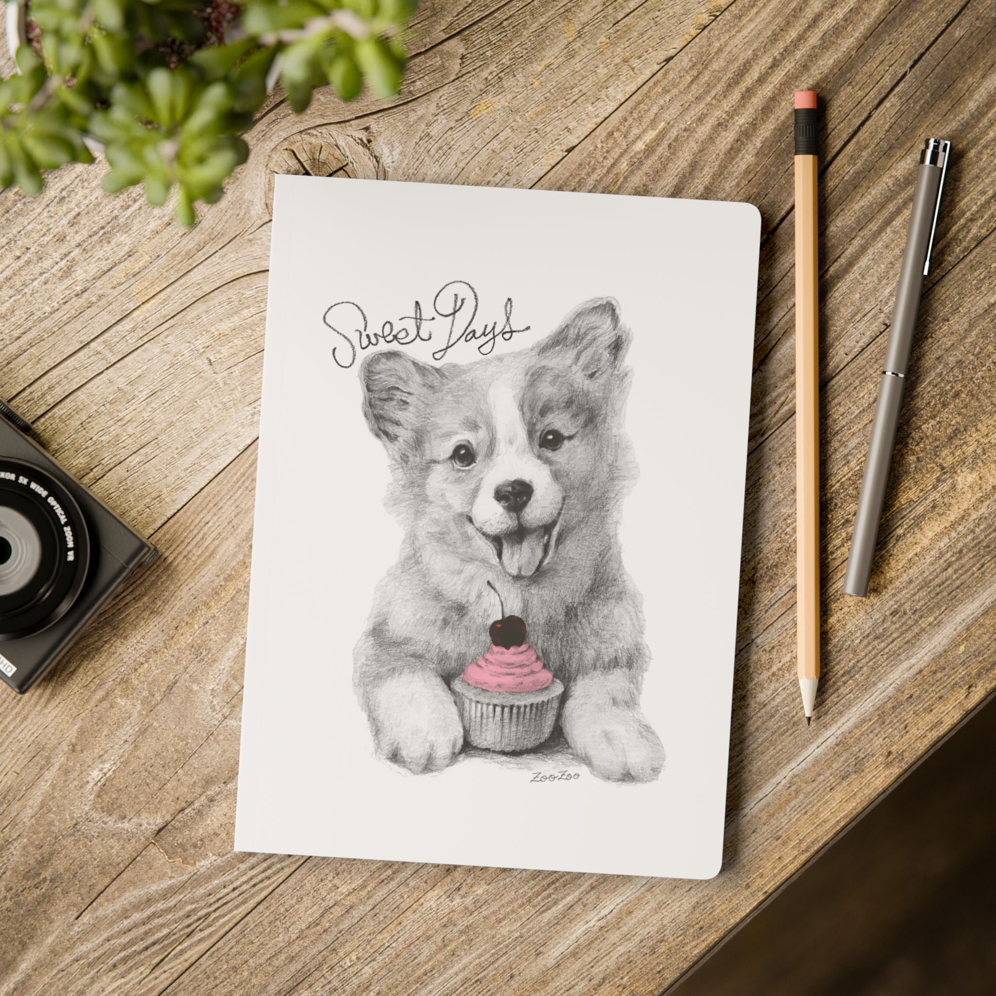 Softcover Journal – Corgi with Cupcake | Sweet Days | Calligraphy