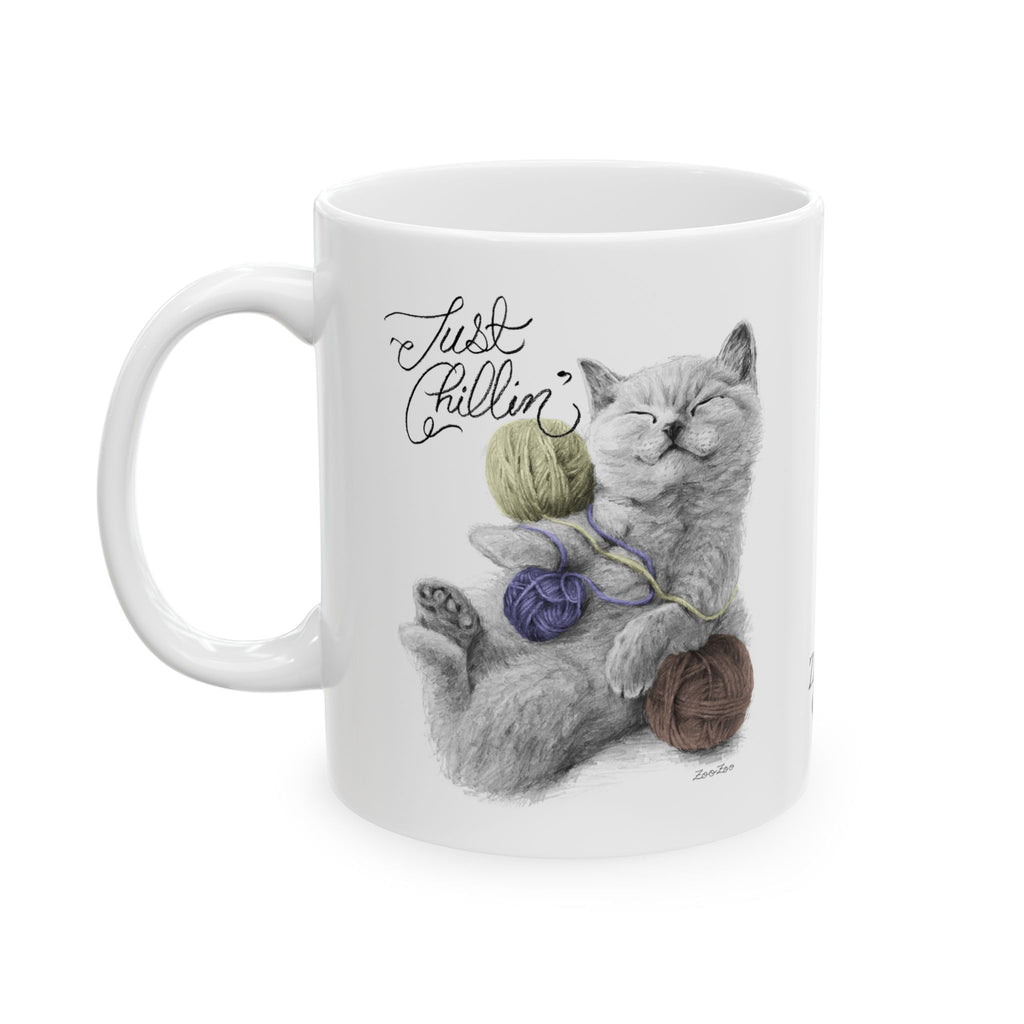 Ceramic Mug 11 oz – Cat with Yarns | Just Chillin' | Calligraphy