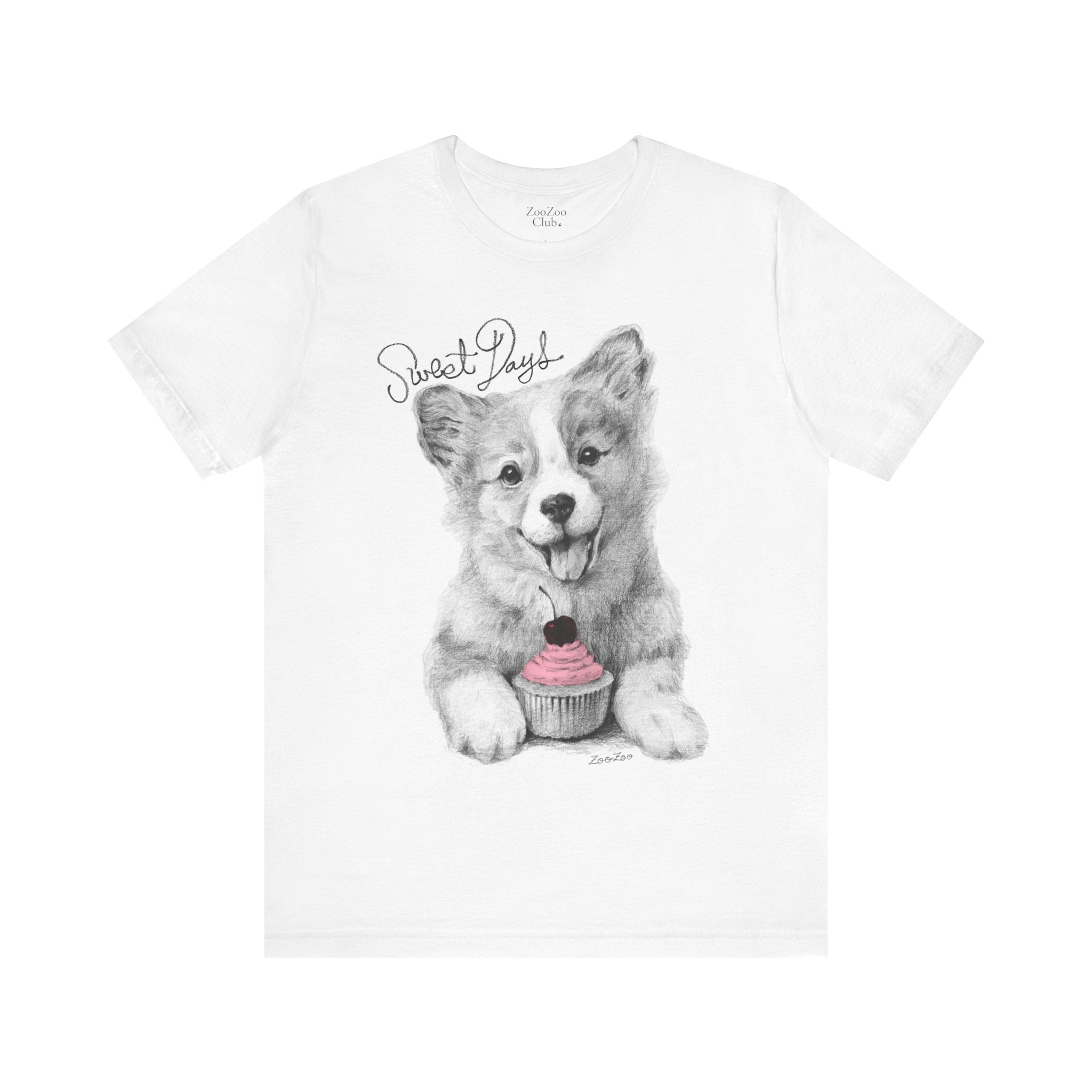 Unisex Cotton Tee – Corgi with Cupcake | Sweet Days | Calligraphy