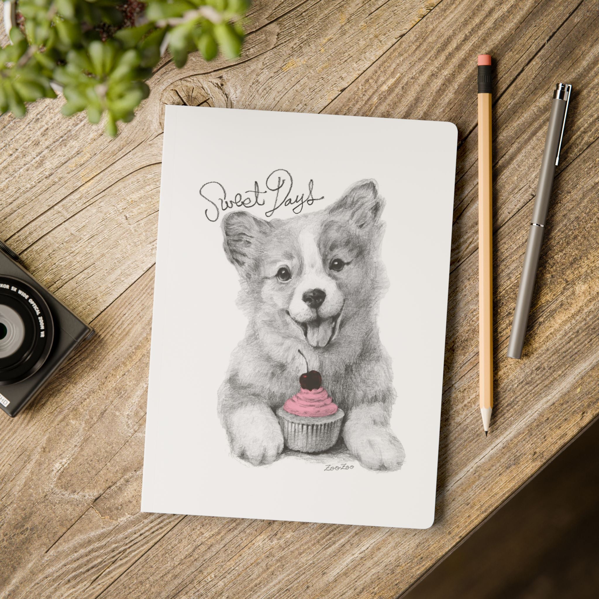 Softcover Journal – Corgi with Cupcake | Sweet Days | Calligraphy