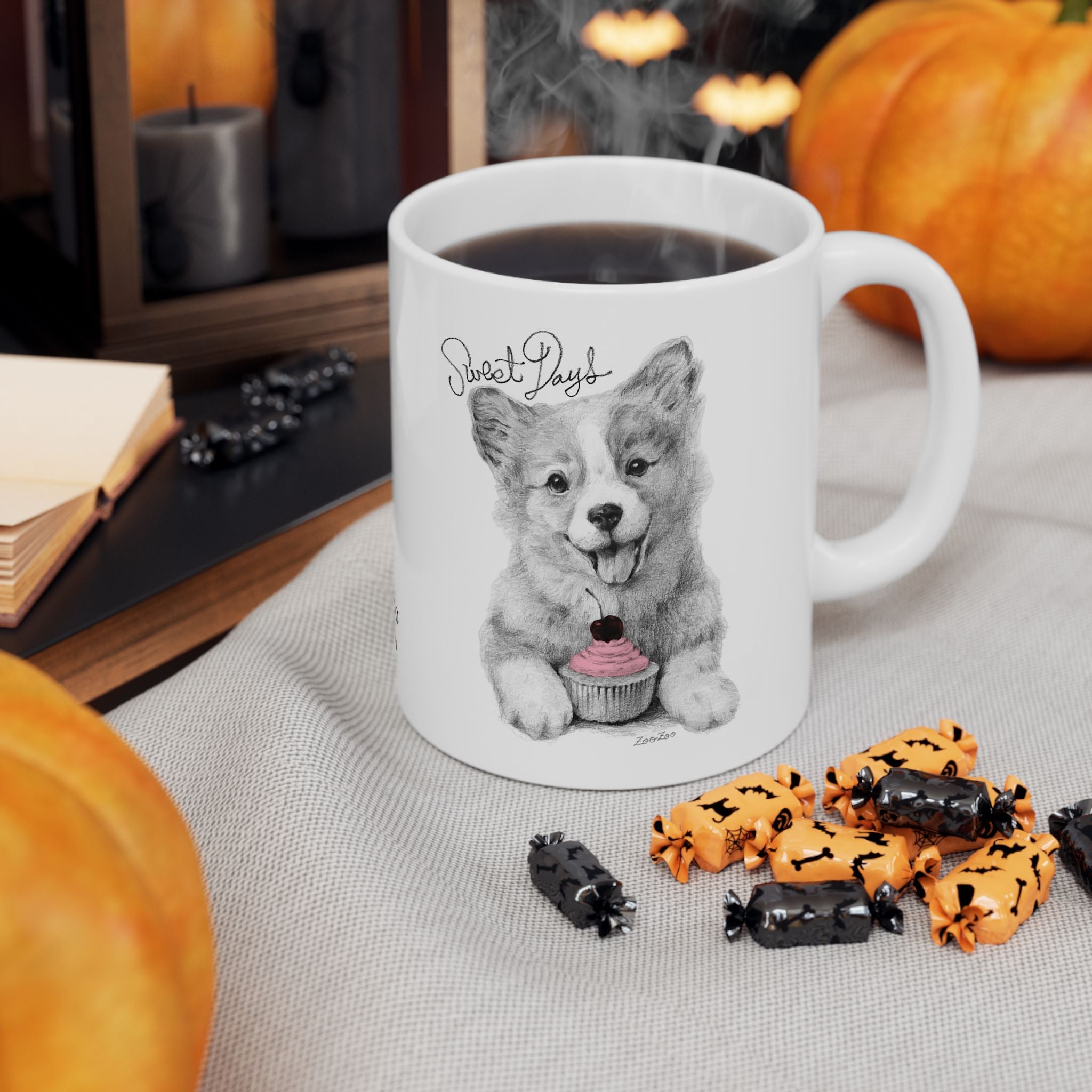 Ceramic Mug 11 oz – Corgi with Cupcake | Sweet Days | Calligraphy