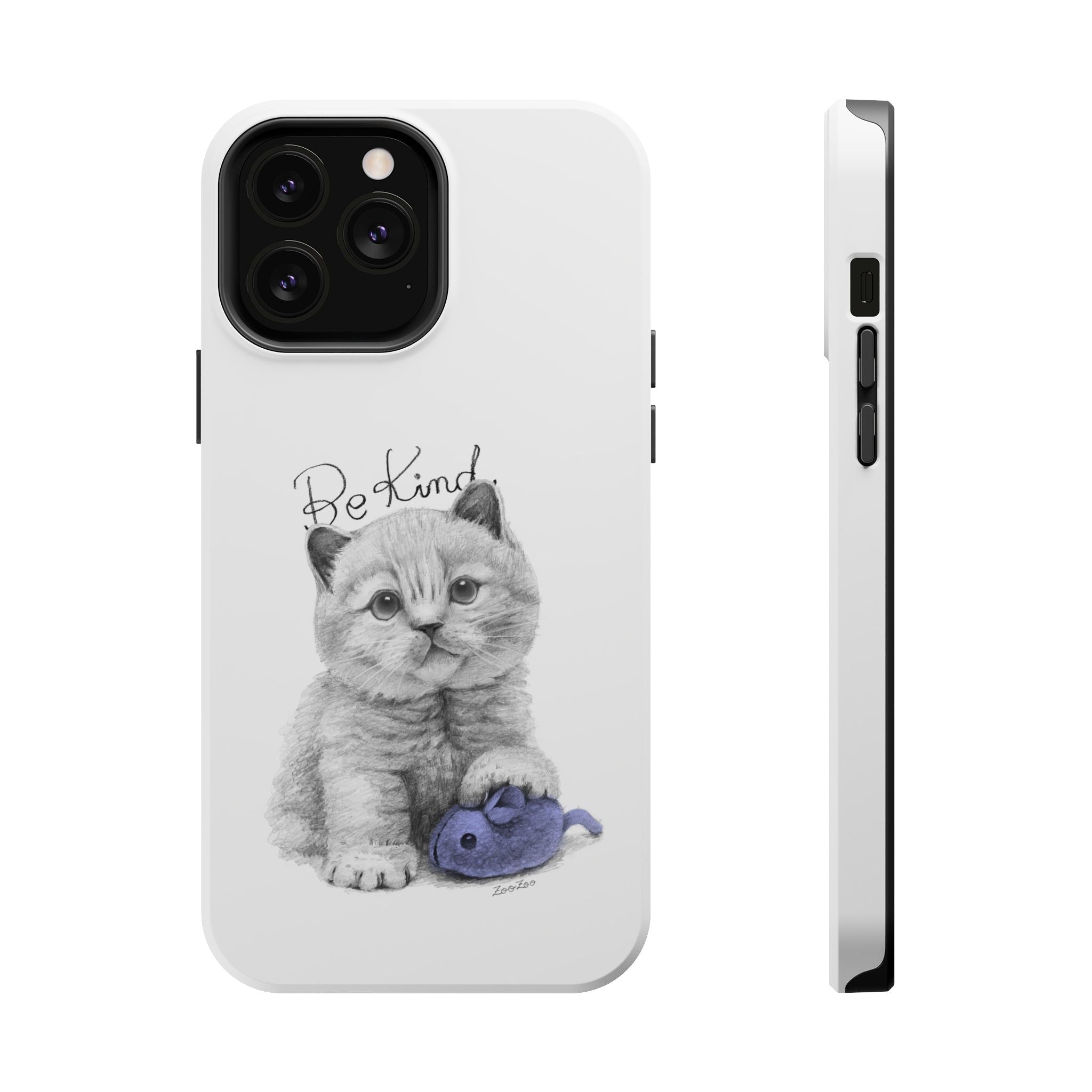 MagSafe Tough iPhone Case – Cat with Mice Toy | Be Kind | Calligraphy