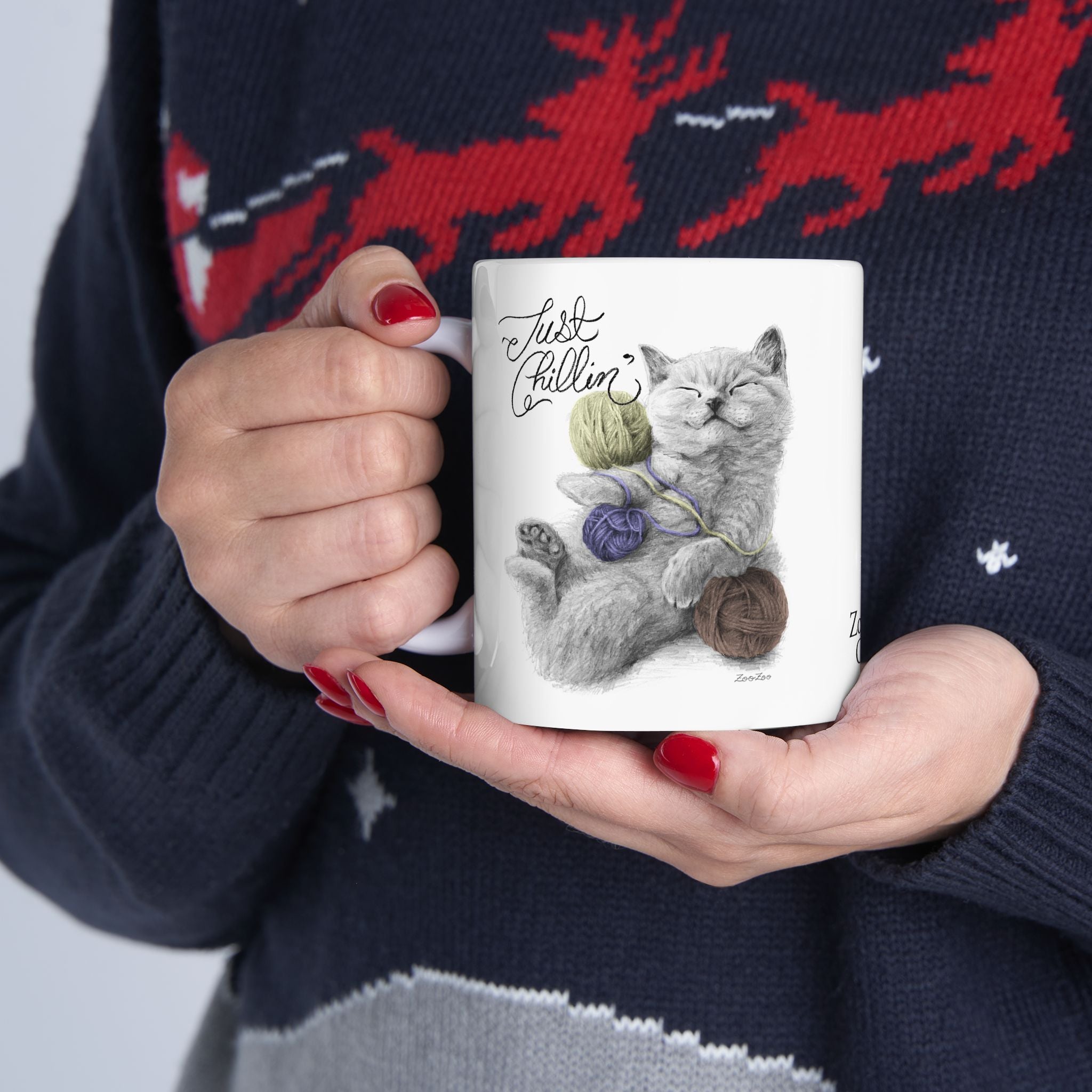 Ceramic Mug 11 oz – Cat with Yarns | Just Chillin' | Calligraphy