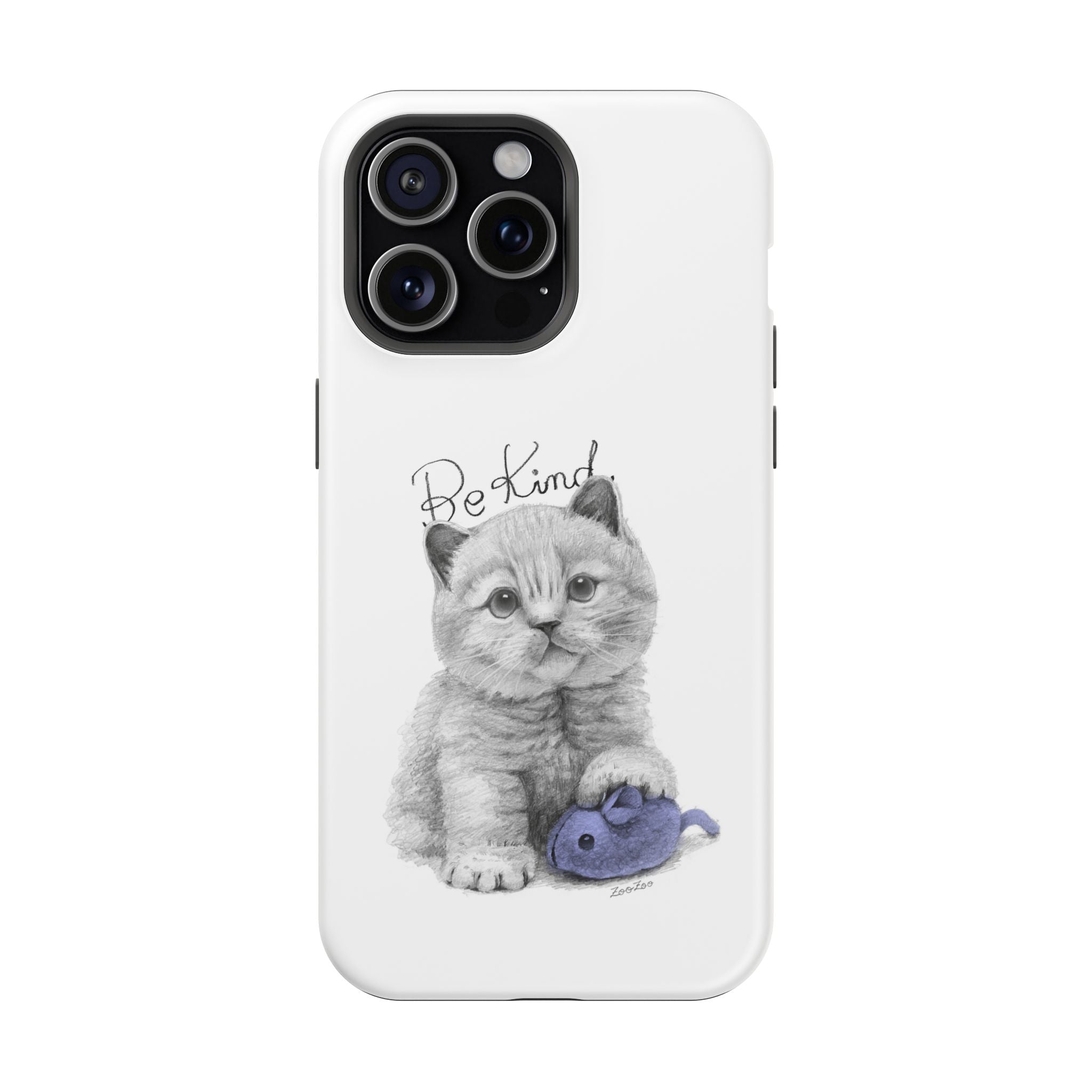 MagSafe Tough iPhone Case – Cat with Mice Toy | Be Kind | Calligraphy