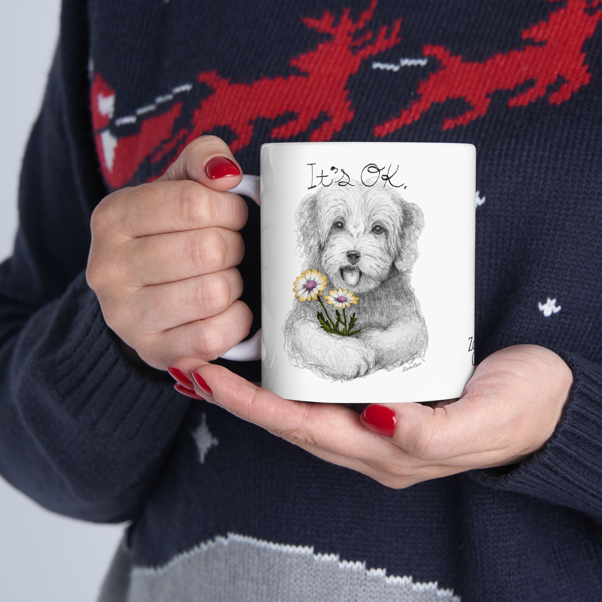 Ceramic Mug 11 oz – Dog with Daisy | It's OK | Calligraphy