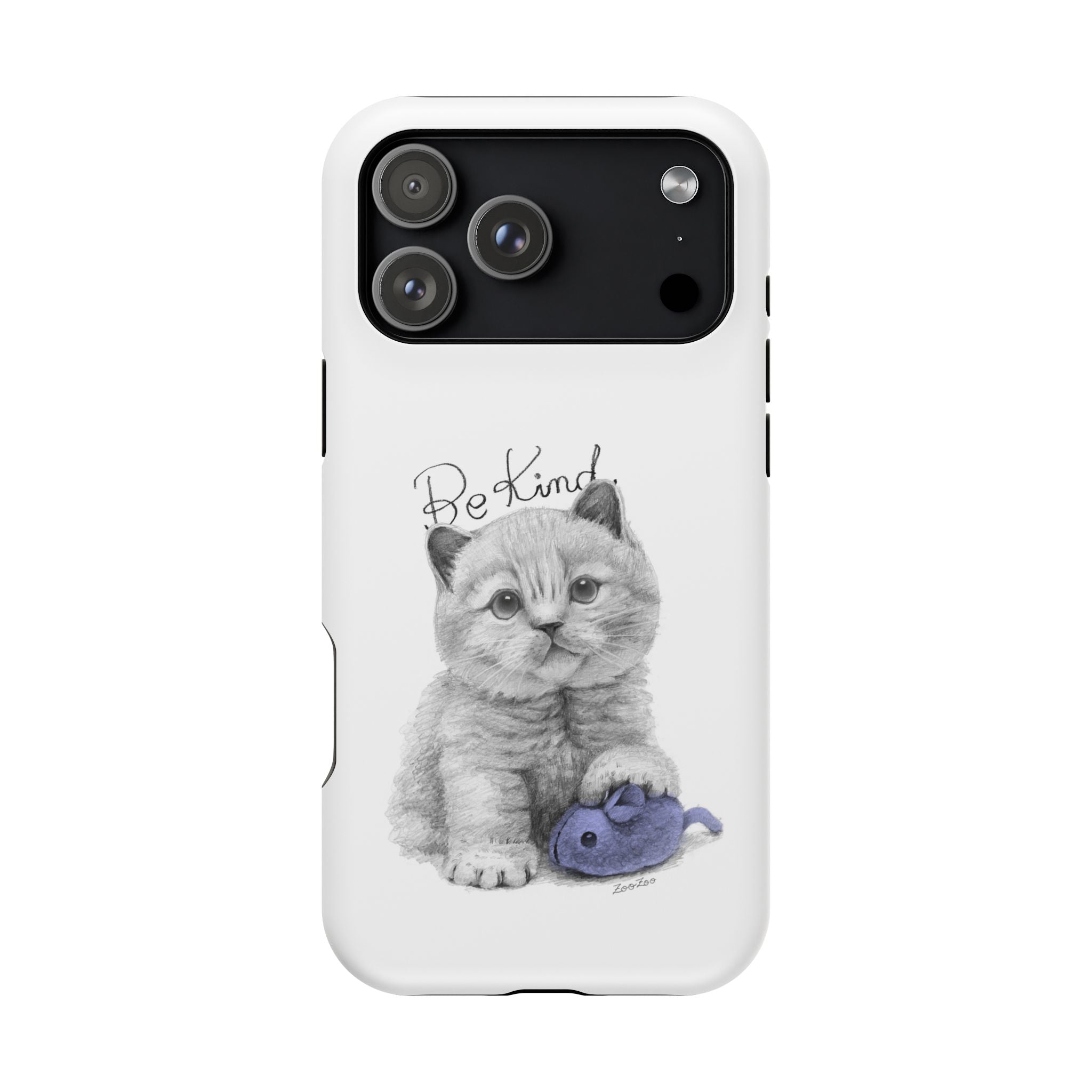 MagSafe Tough iPhone Case – Cat with Mice Toy | Be Kind | Calligraphy