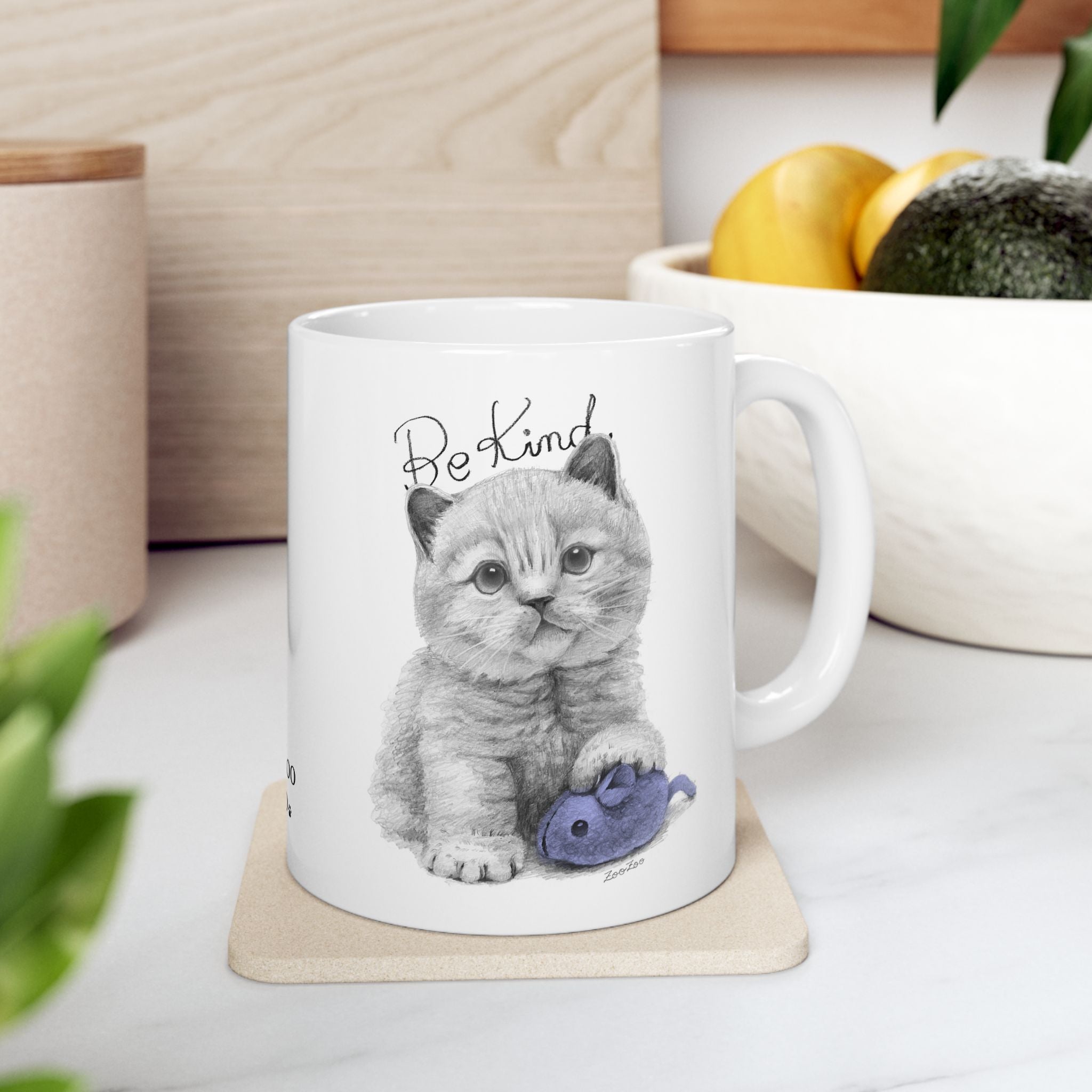 Ceramic Mug 11 oz – Cat with Mice Toy | Be Kind | Calligraphy