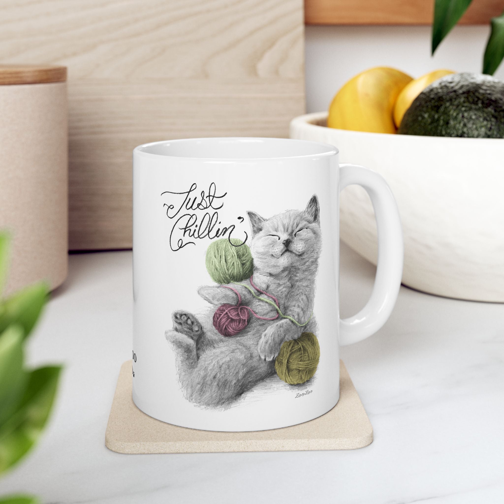 Ceramic Mug 11 oz – Cat with Yarns | Just Chillin' | Calligraphy