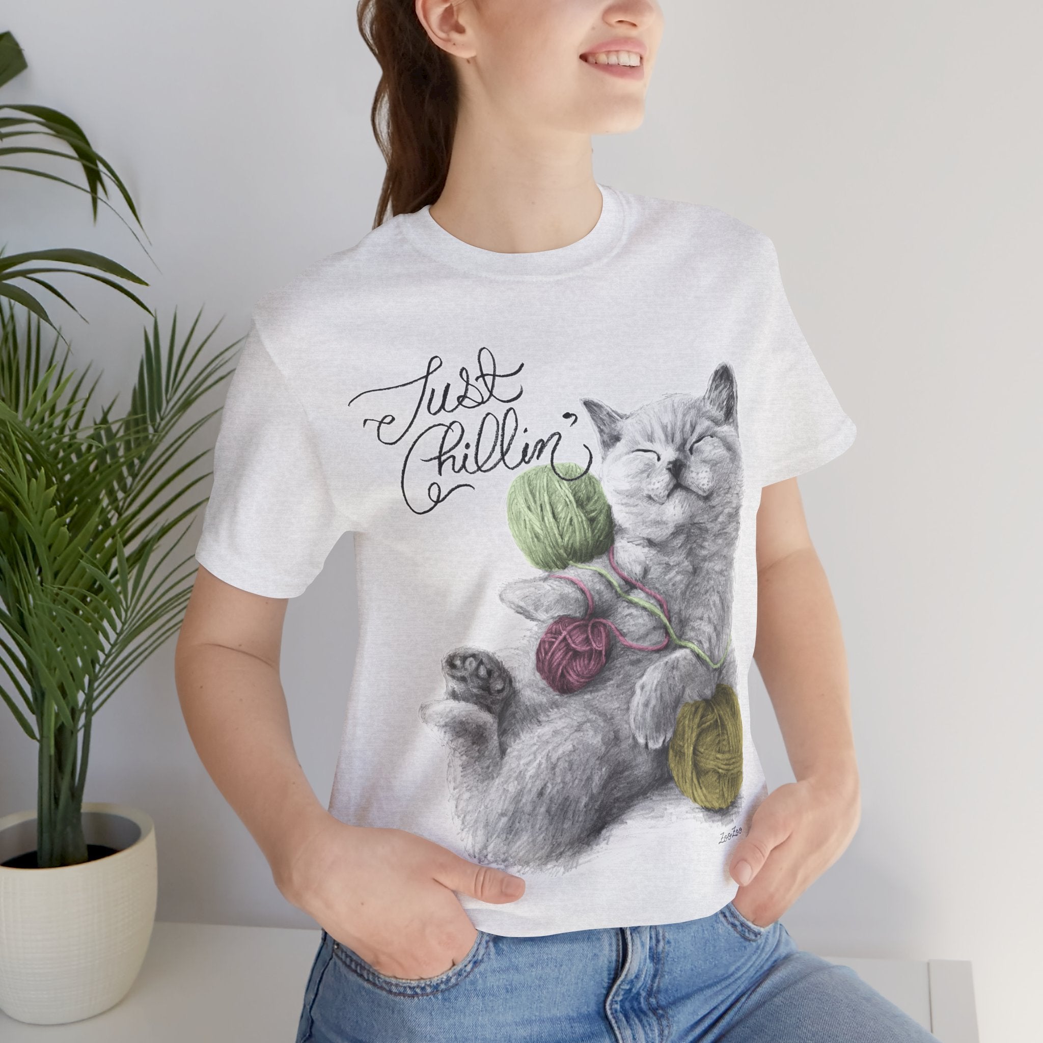 Unisex Cotton Tee – Cat with Yarns | Just Chillin' | Calligraphy