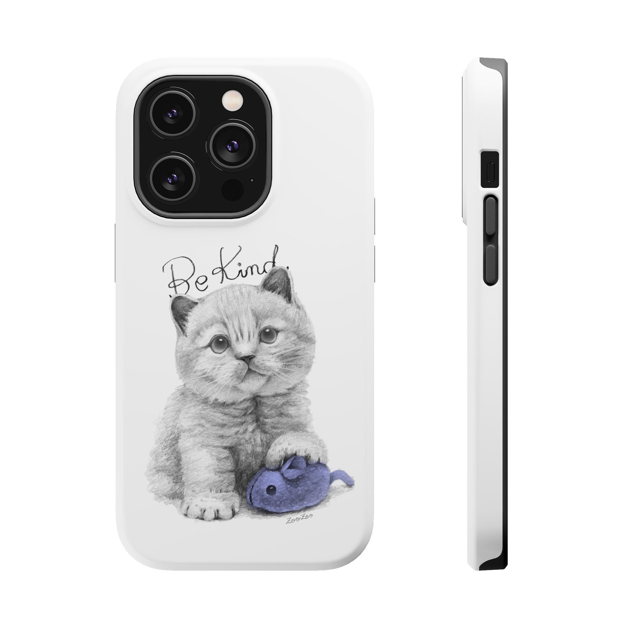 MagSafe Tough iPhone Case – Cat with Mice Toy | Be Kind | Calligraphy