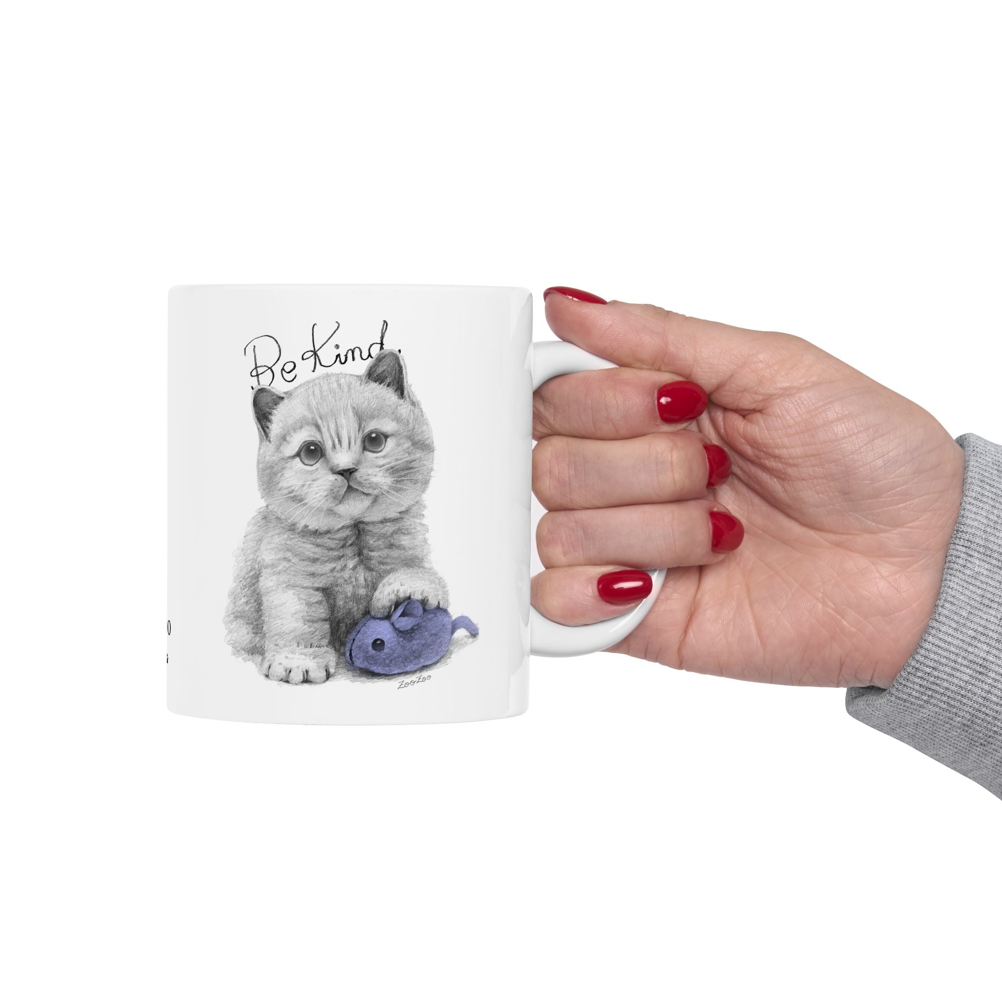 Ceramic Mug 11 oz – Cat with Mice Toy | Be Kind | Calligraphy