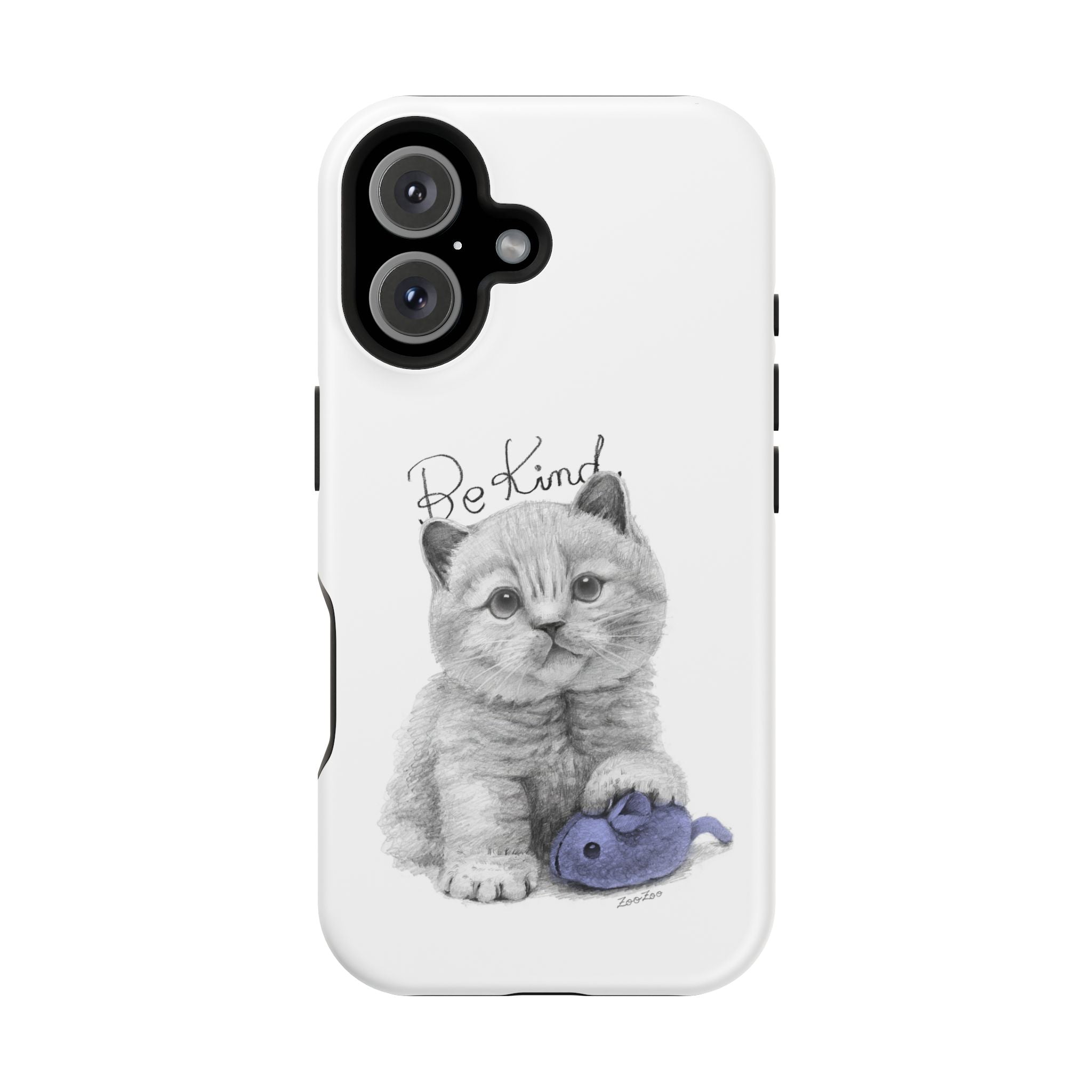 MagSafe Tough iPhone Case – Cat with Mice Toy | Be Kind | Calligraphy