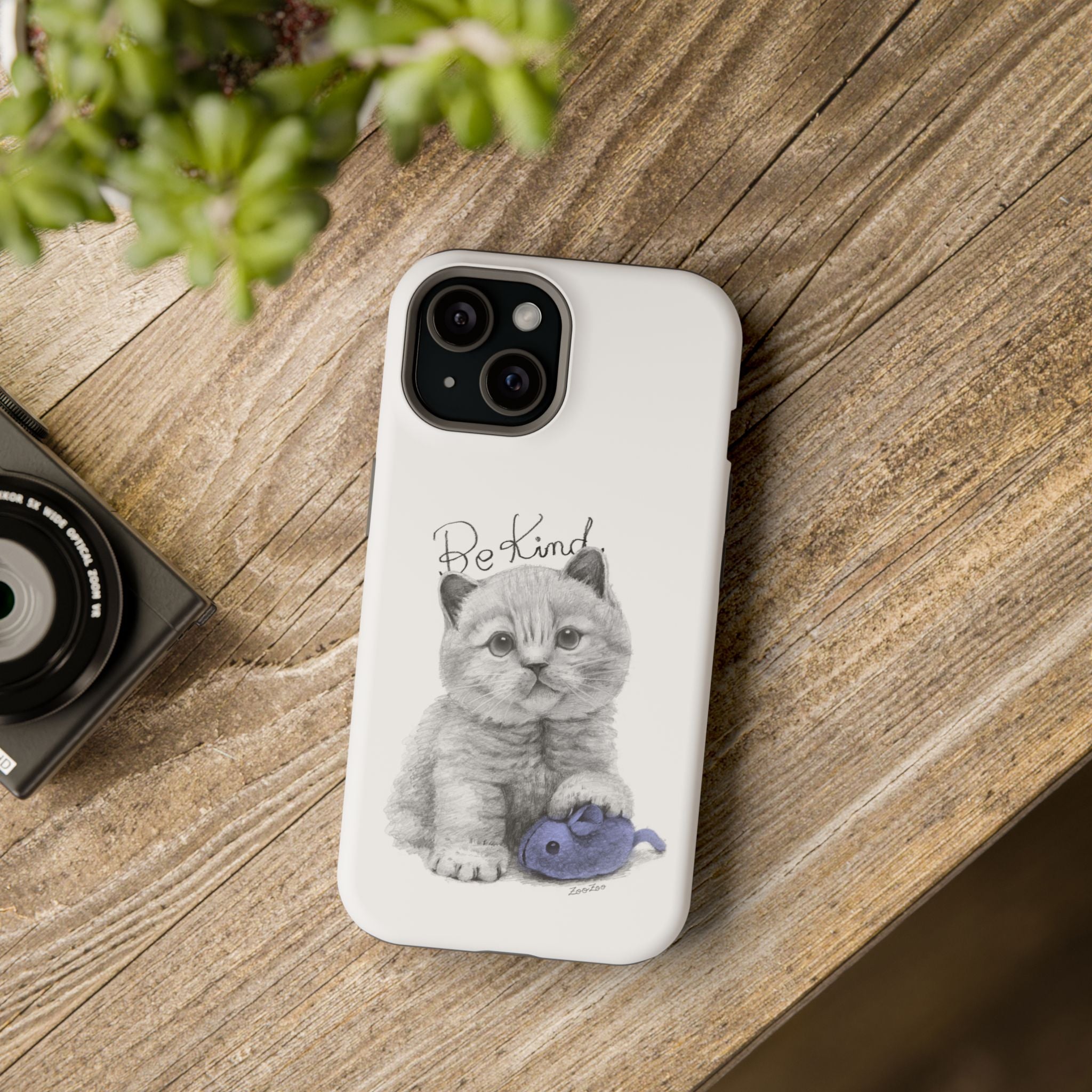MagSafe Tough iPhone Case – Cat with Mice Toy | Be Kind | Calligraphy