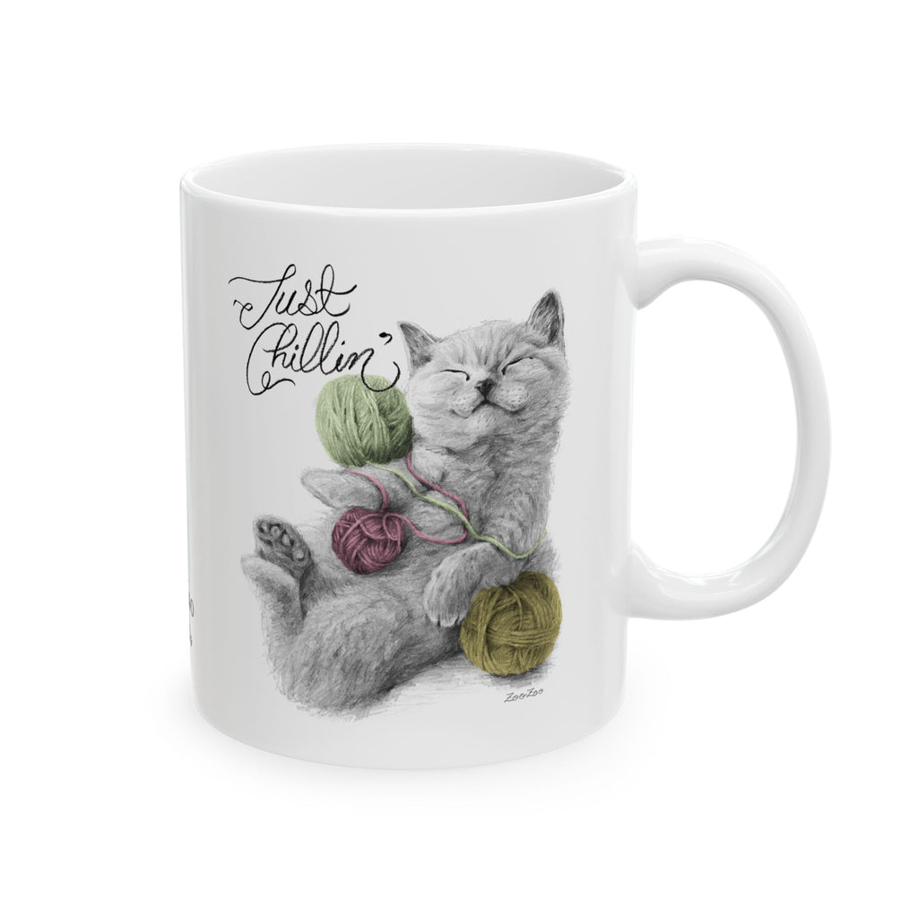 Ceramic Mug 11 oz – Cat with Yarns | Just Chillin' | Calligraphy