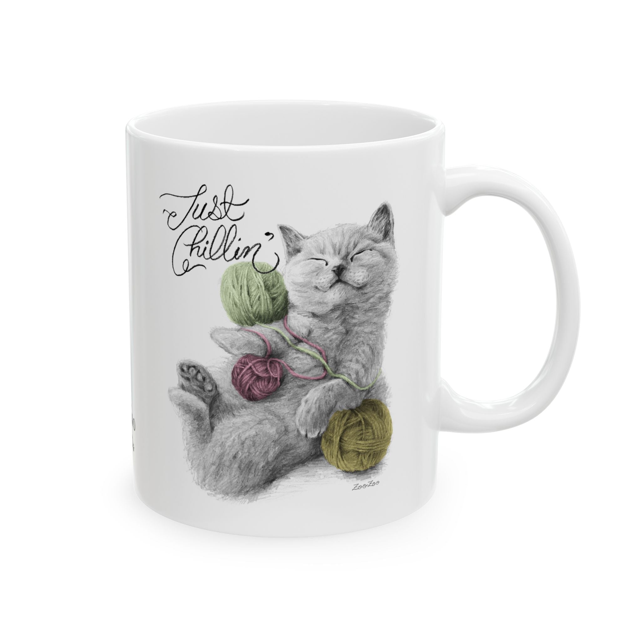 Ceramic Mug 11 oz – Cat with Yarns | Just Chillin' | Calligraphy