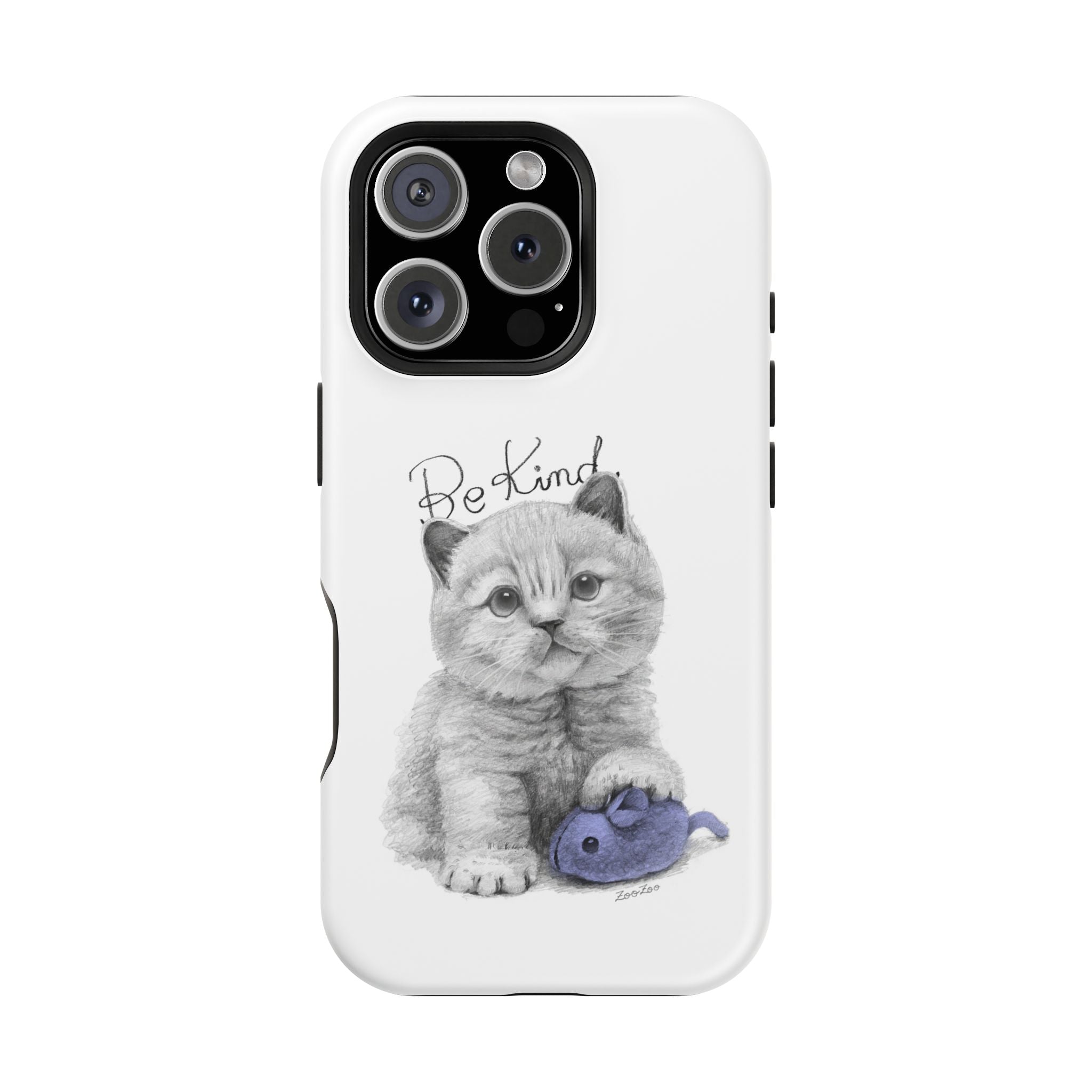 MagSafe Tough iPhone Case – Cat with Mice Toy | Be Kind | Calligraphy