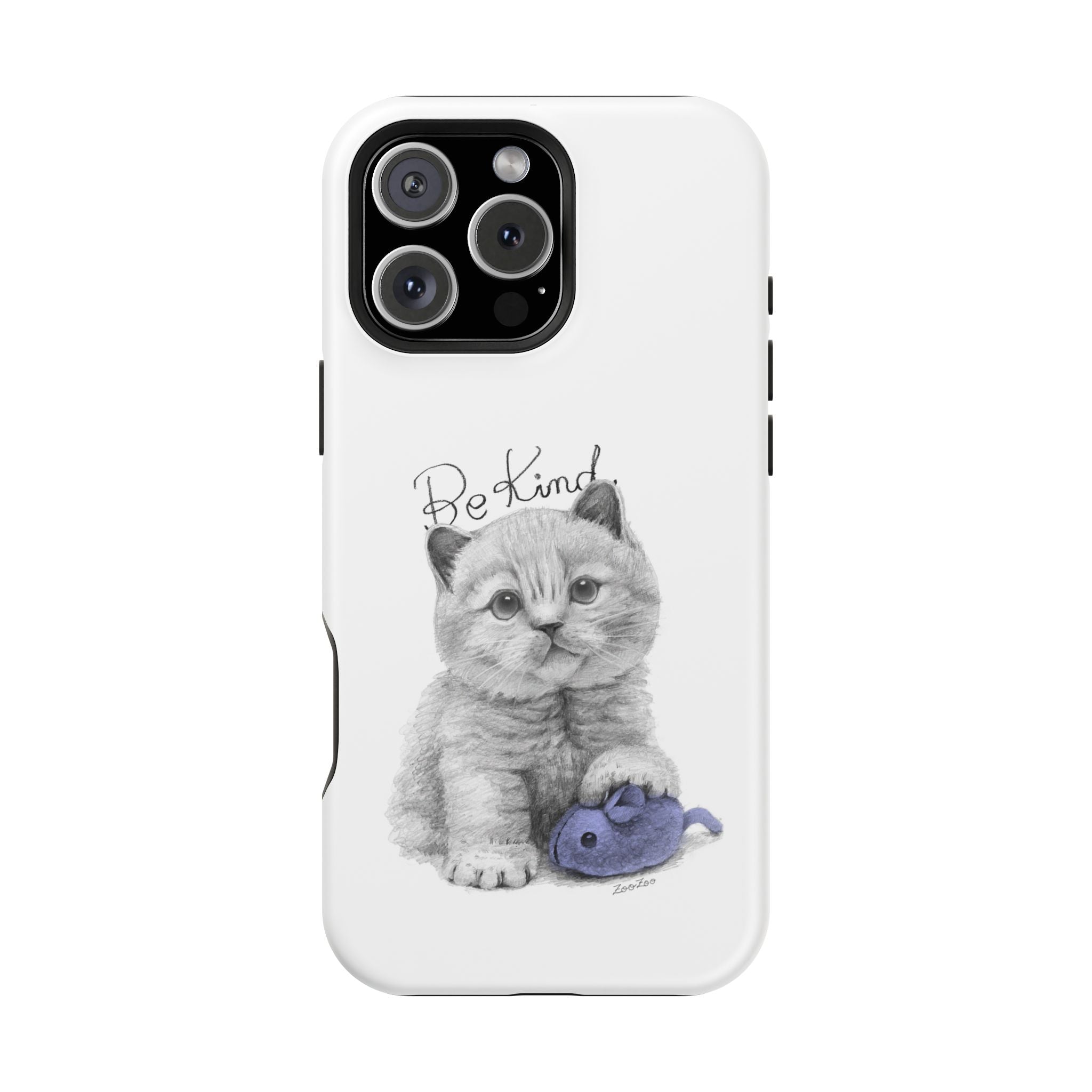 MagSafe Tough iPhone Case – Cat with Mice Toy | Be Kind | Calligraphy