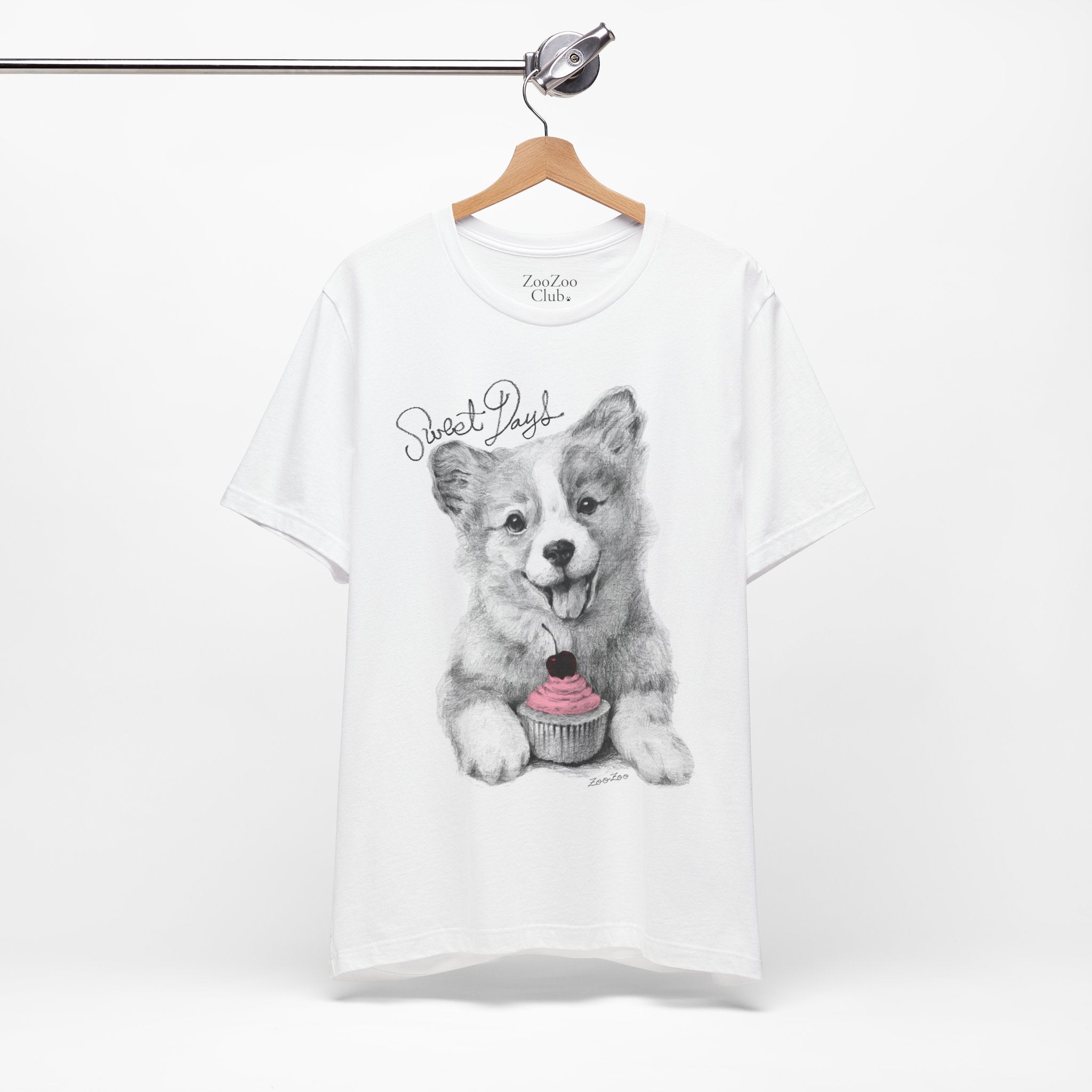 Unisex Cotton Tee – Corgi with Cupcake | Sweet Days | Calligraphy