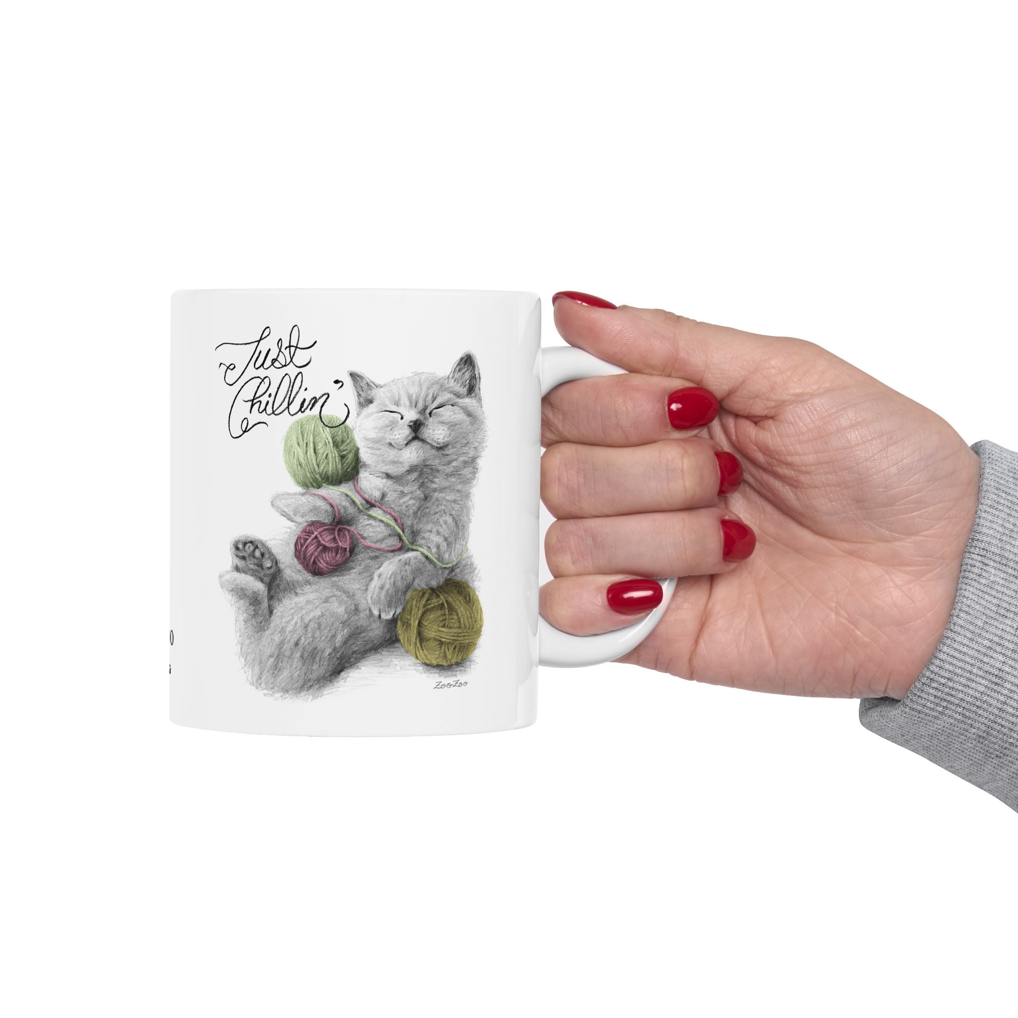 Ceramic Mug 11 oz – Cat with Yarns | Just Chillin' | Calligraphy