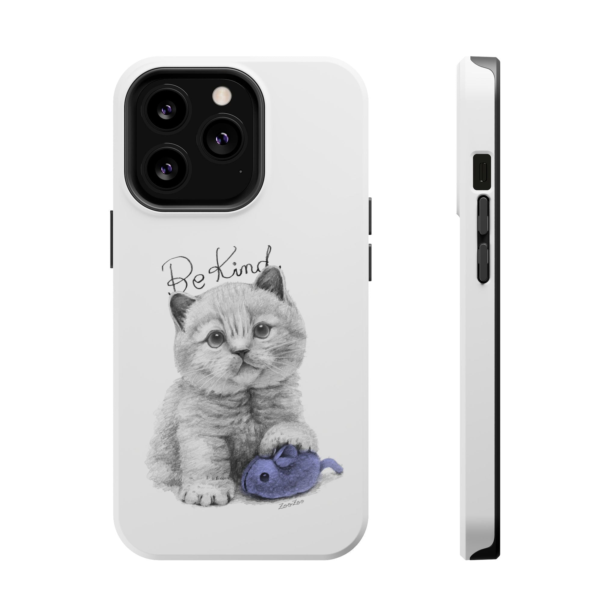 MagSafe Tough iPhone Case – Cat with Mice Toy | Be Kind | Calligraphy