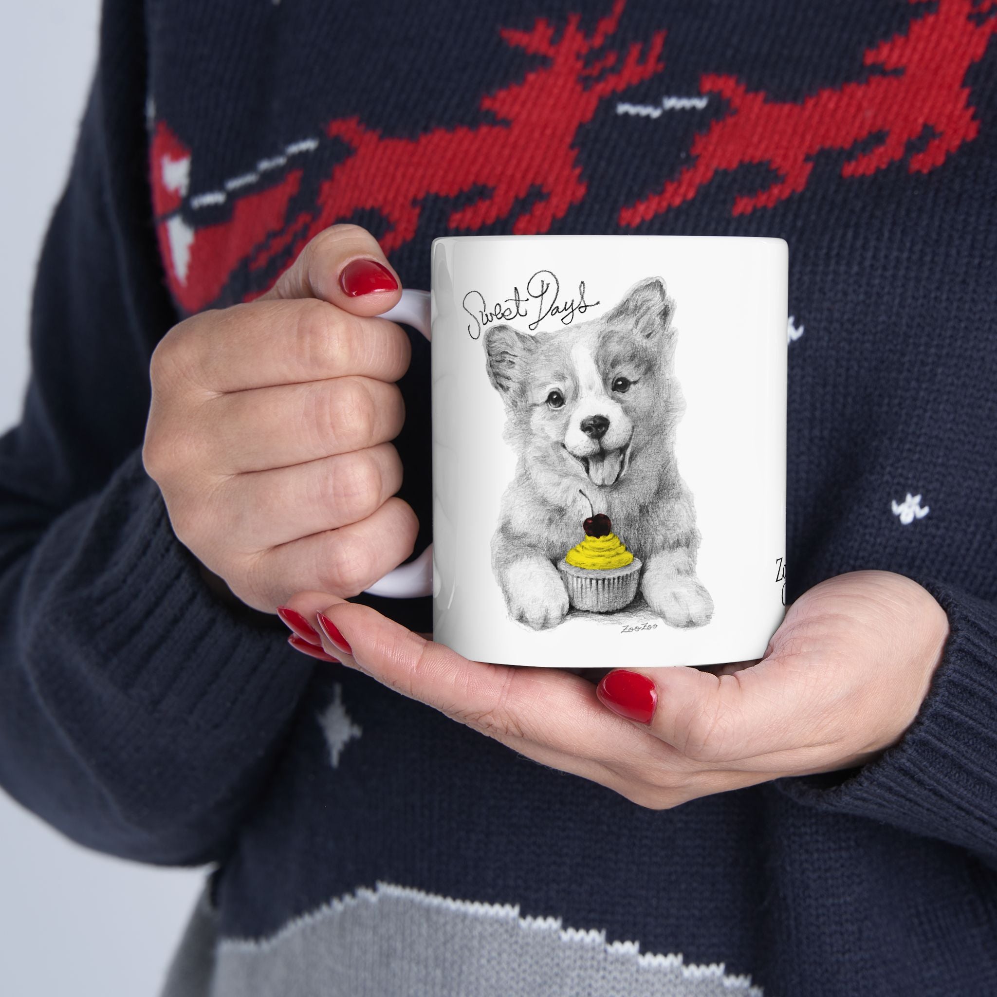Ceramic Mug 11 oz – Corgi with Cupcake | Sweet Days | Calligraphy