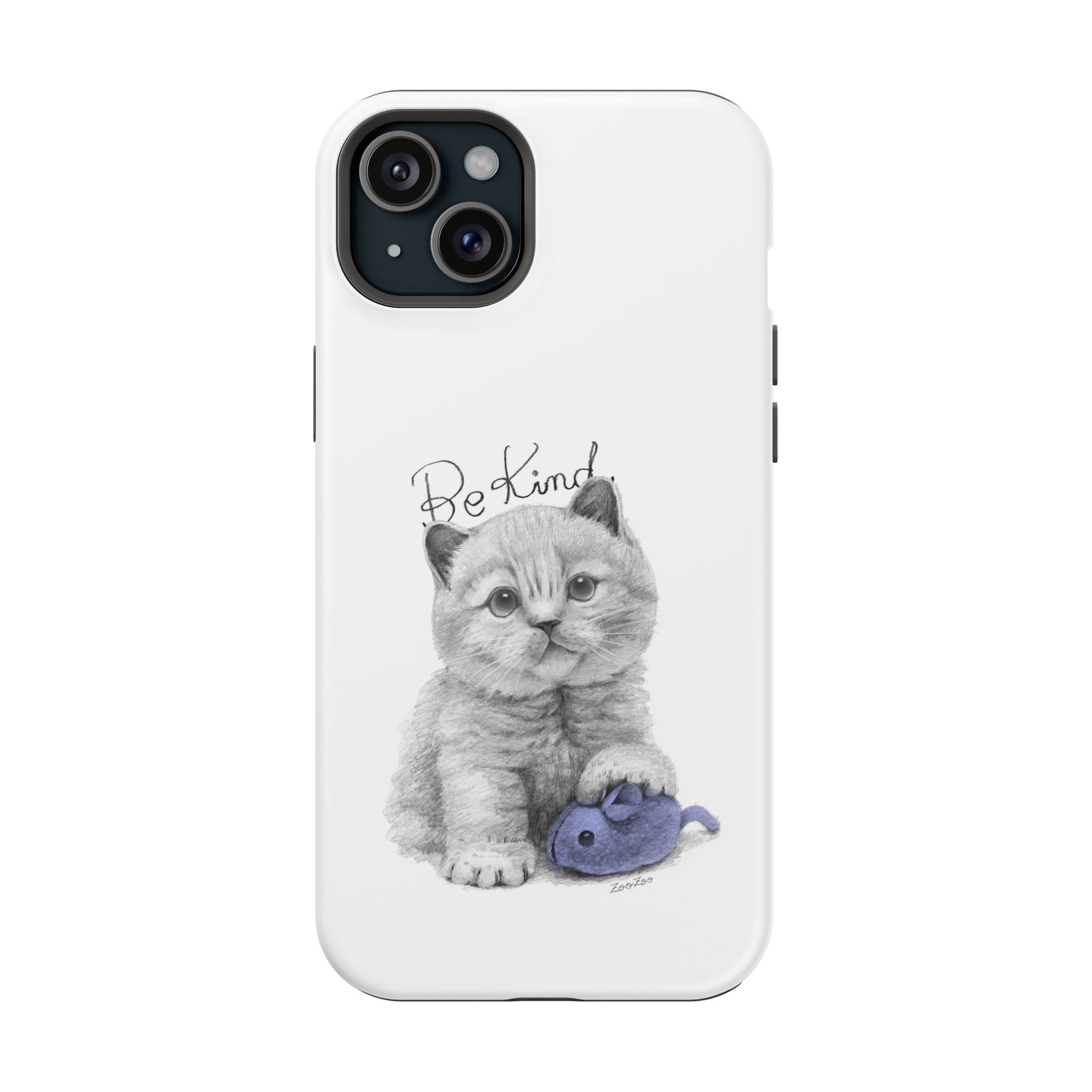 MagSafe Tough iPhone Case – Cat with Mice Toy | Be Kind | Calligraphy