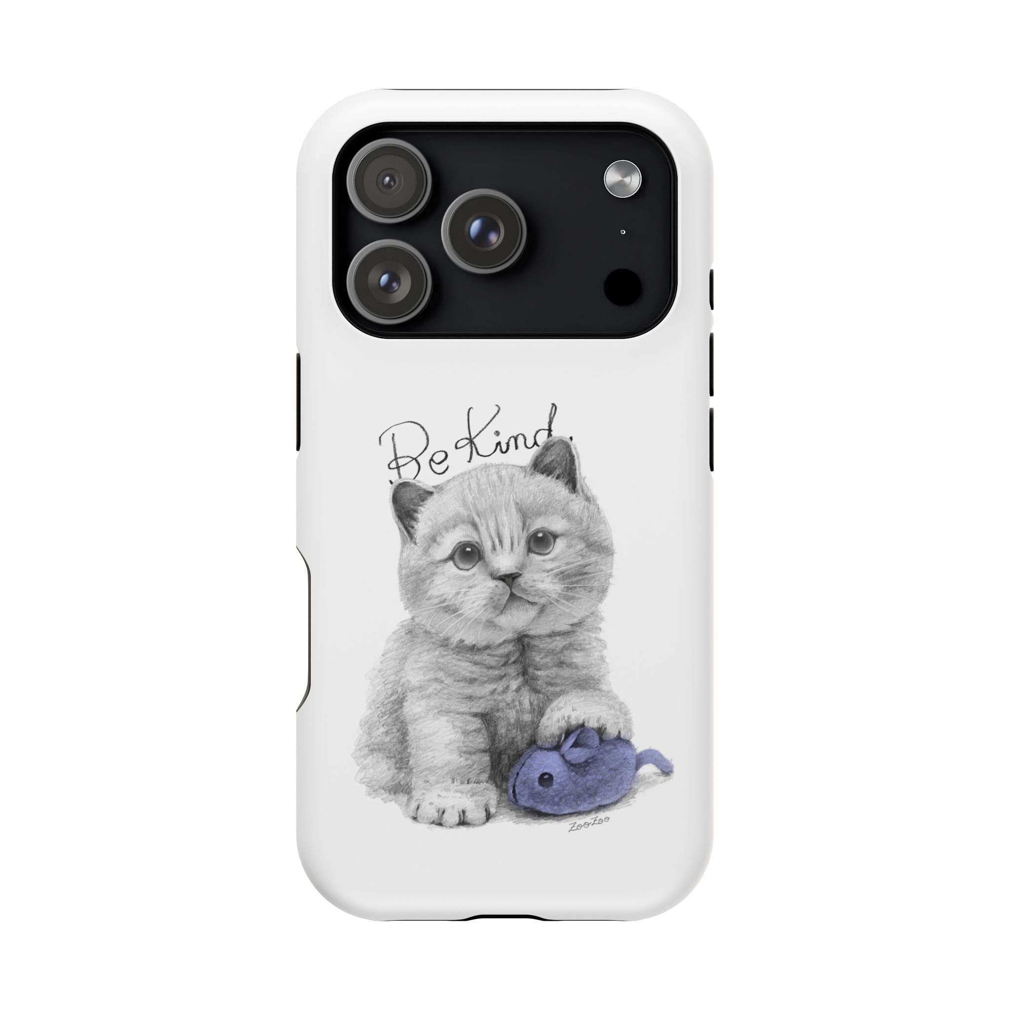 MagSafe Tough iPhone Case – Cat with Mice Toy | Be Kind | Calligraphy