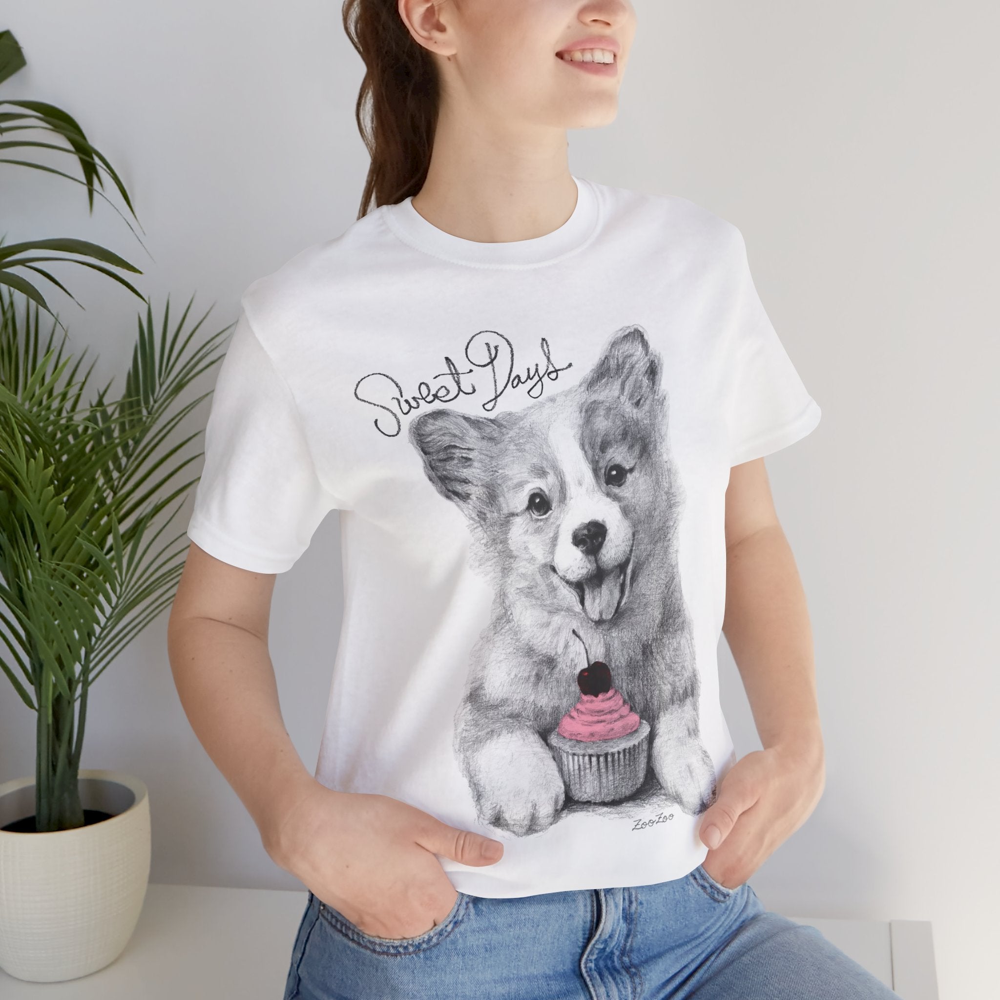 Unisex Cotton Tee – Corgi with Cupcake | Sweet Days | Calligraphy