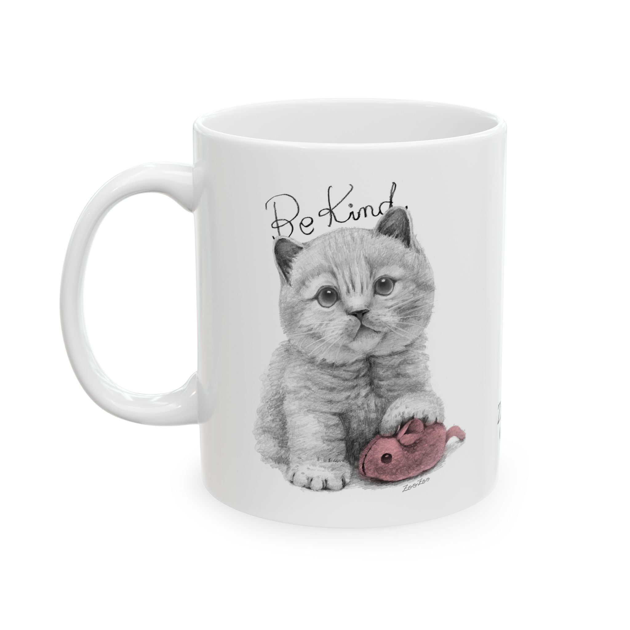Ceramic Mug 11 oz – Cat with Mice Toy | Be Kind | Calligraphy