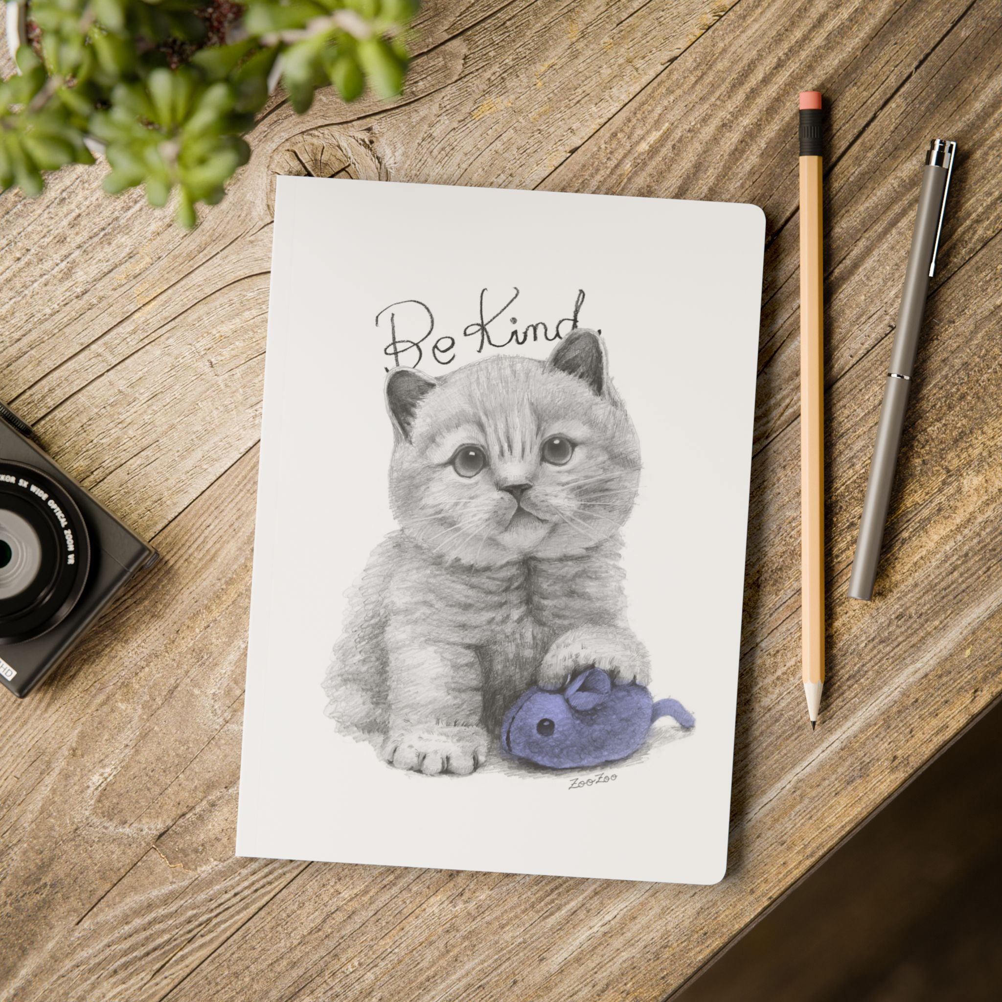 Softcover Journal – Cat with Mice Toy | Be Kind | Calligraphy