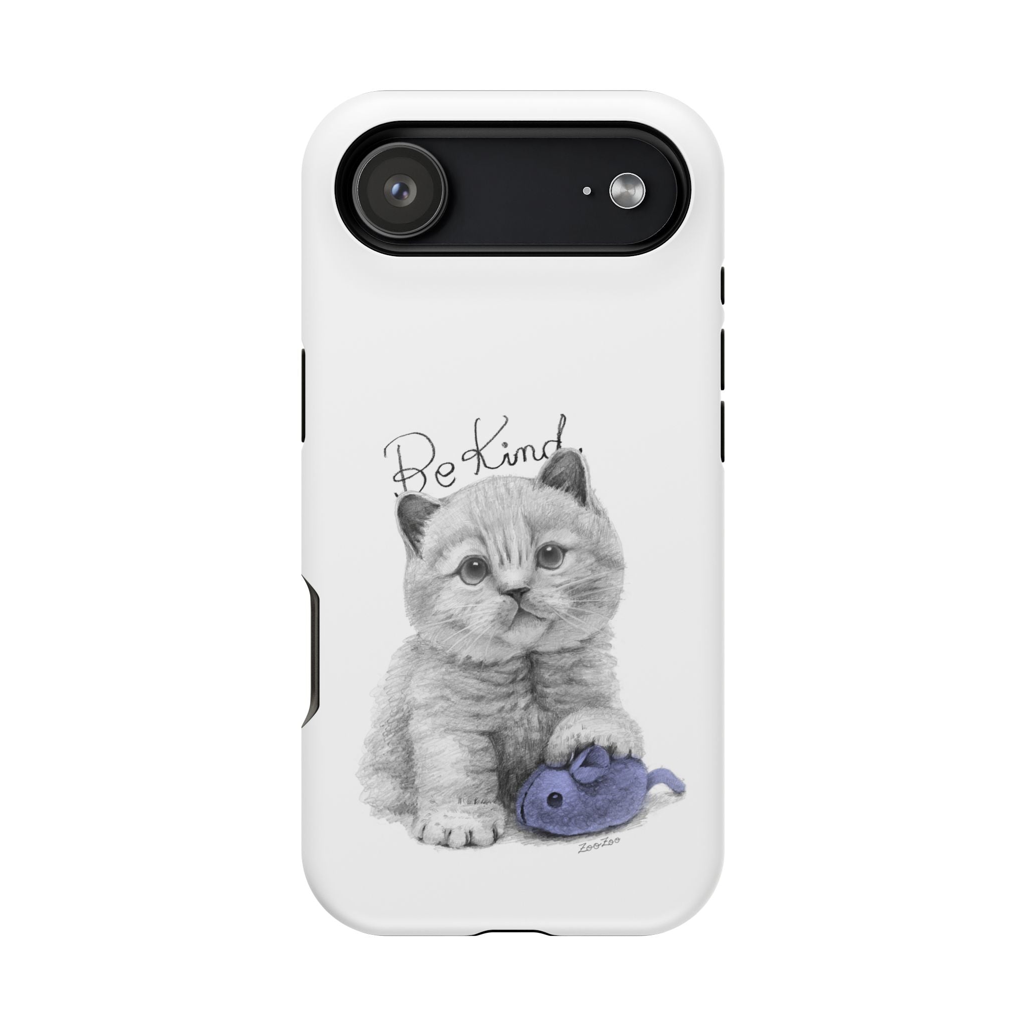 MagSafe Tough iPhone Case – Cat with Mice Toy | Be Kind | Calligraphy