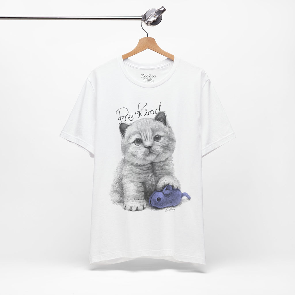 Unisex Cotton Tee – Cat with Mice Toy | Be Kind | Calligraphy