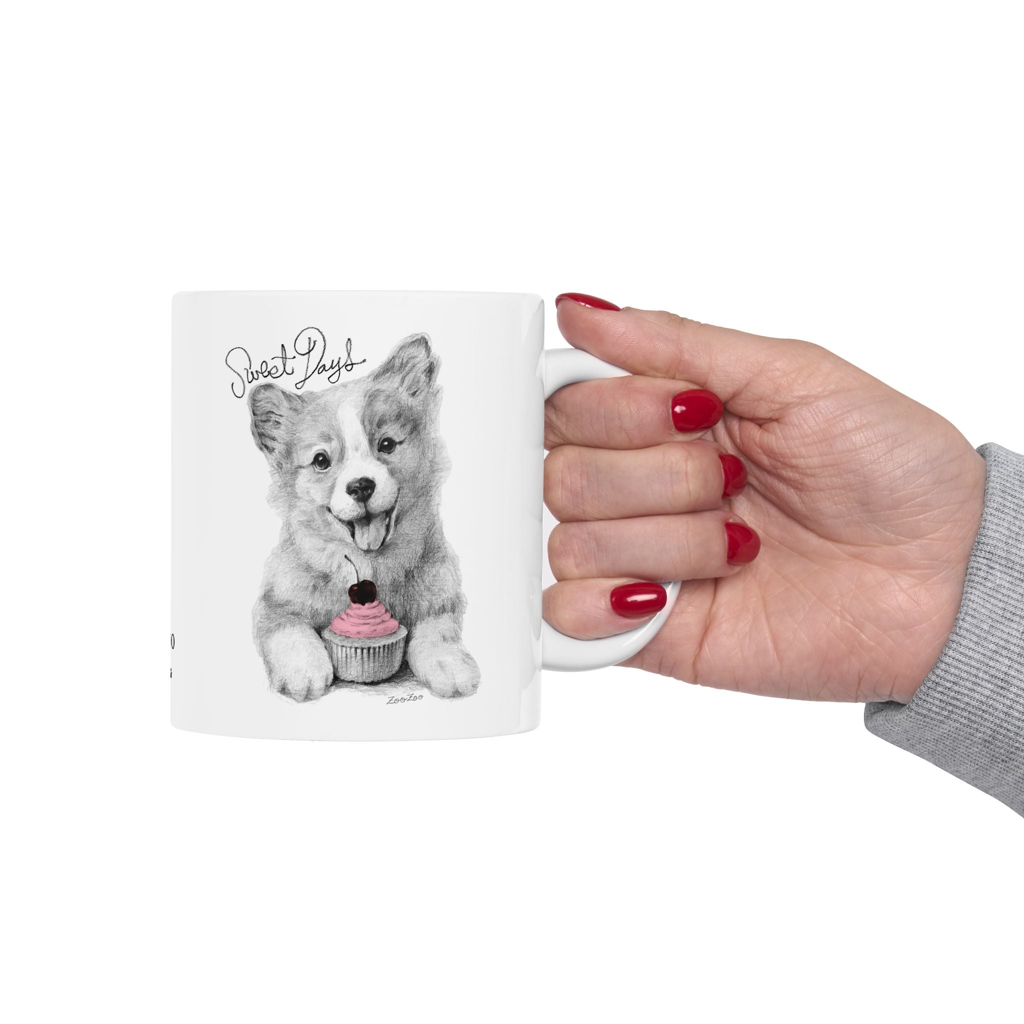 Ceramic Mug 11 oz – Corgi with Cupcake | Sweet Days | Calligraphy