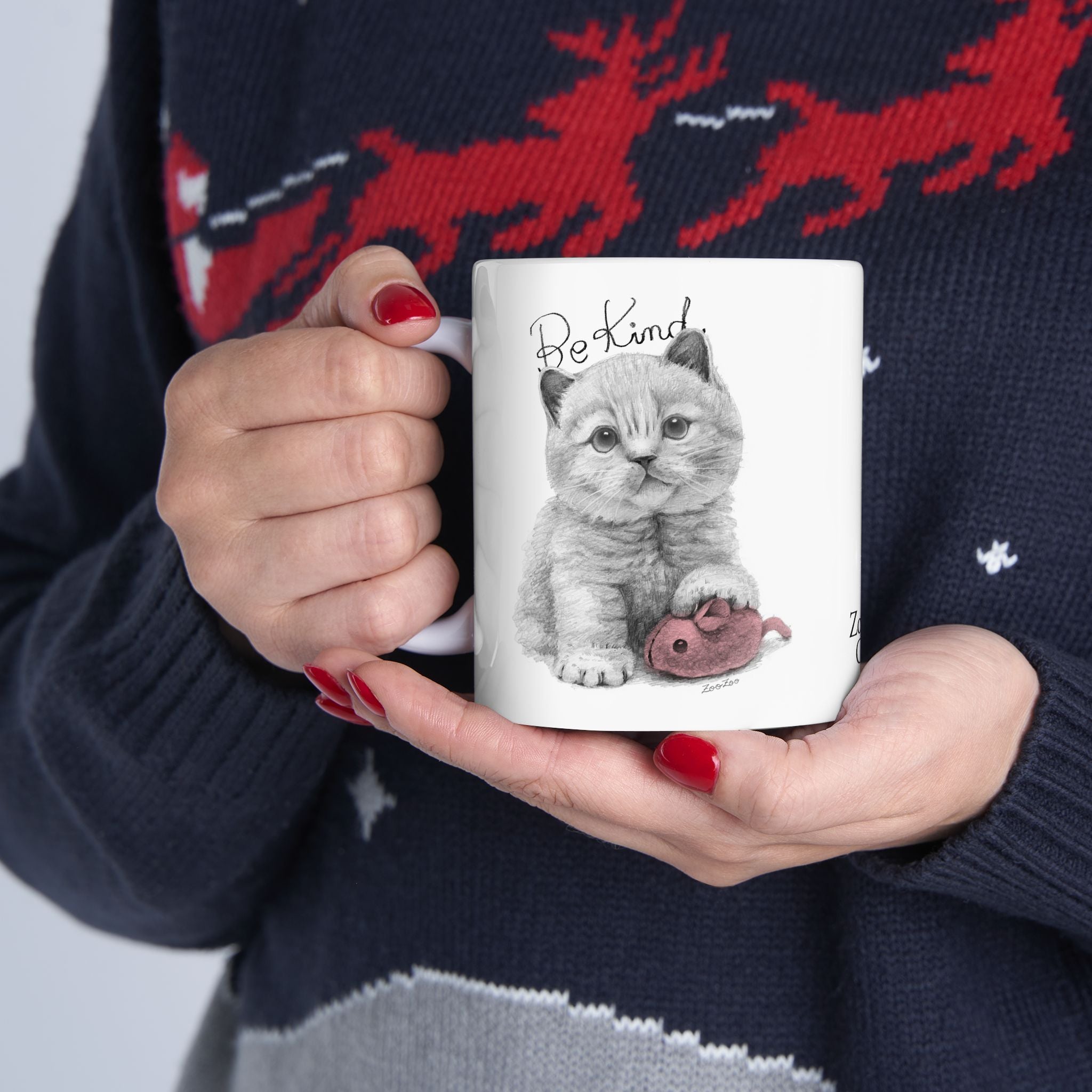 Ceramic Mug 11 oz – Cat with Mice Toy | Be Kind | Calligraphy
