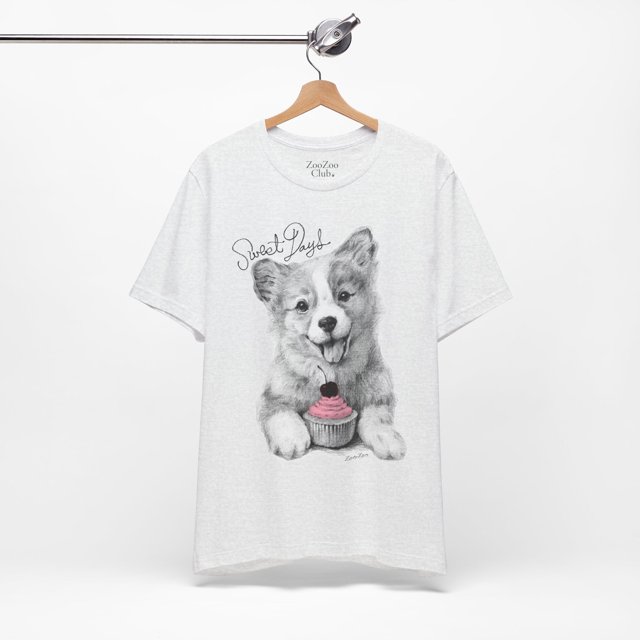 Unisex Cotton Tee – Corgi with Cupcake | Sweet Days | Calligraphy