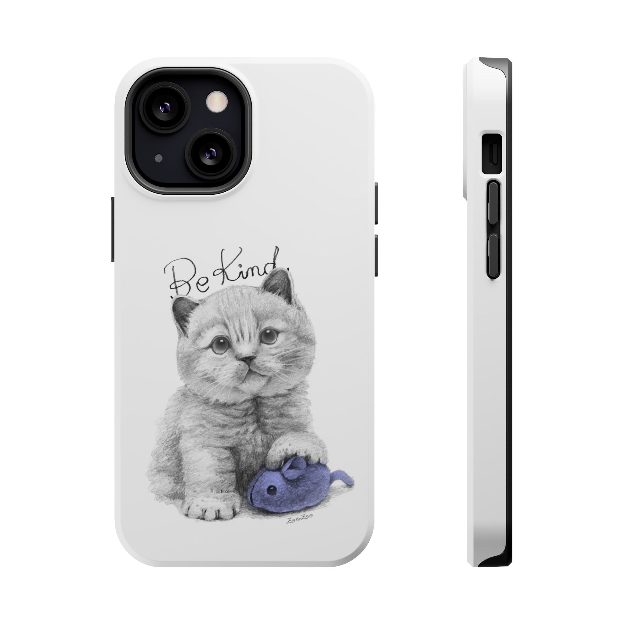 MagSafe Tough iPhone Case – Cat with Mice Toy | Be Kind | Calligraphy